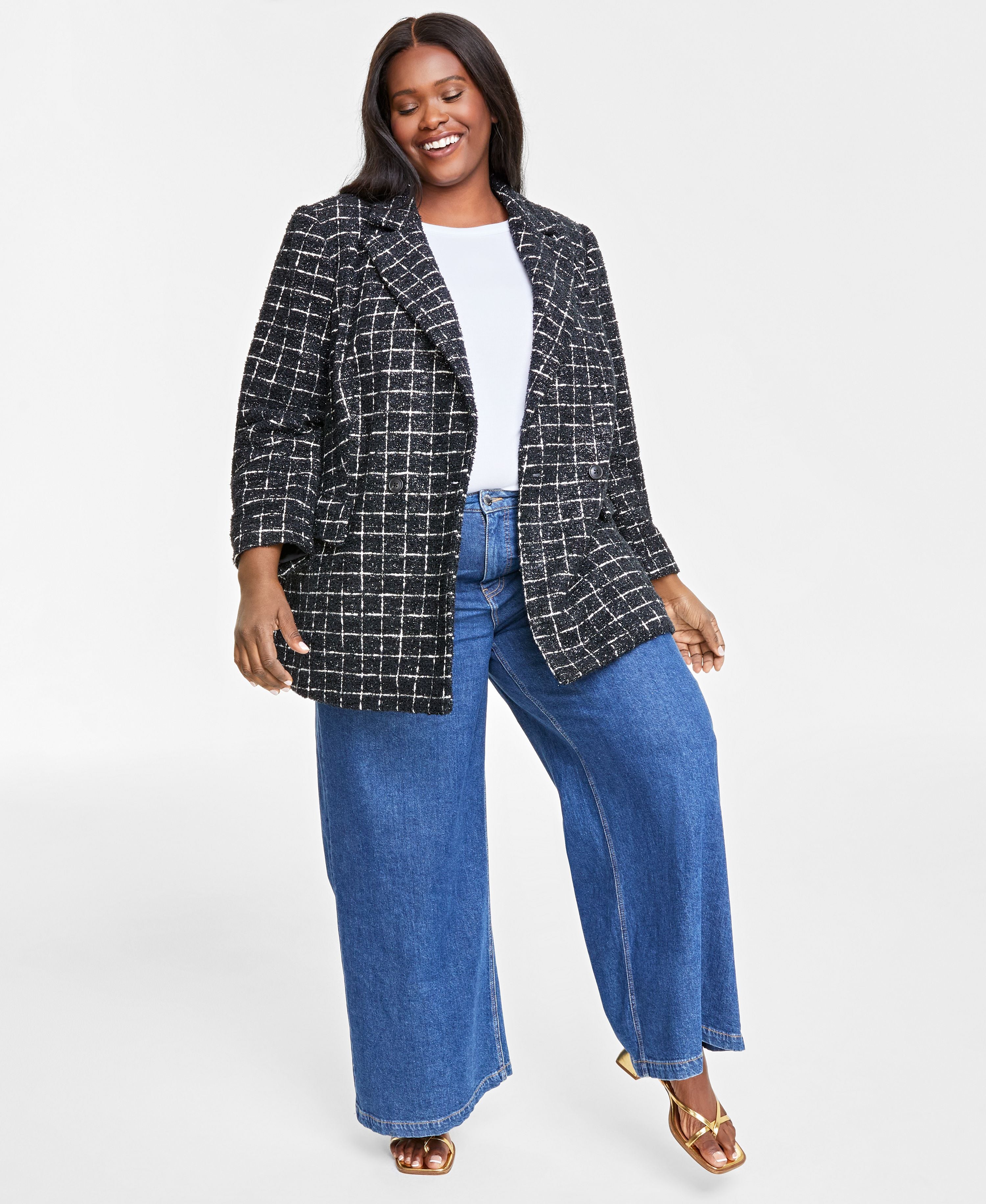 Plus Size Metallic Plaid Tweed Blazer
