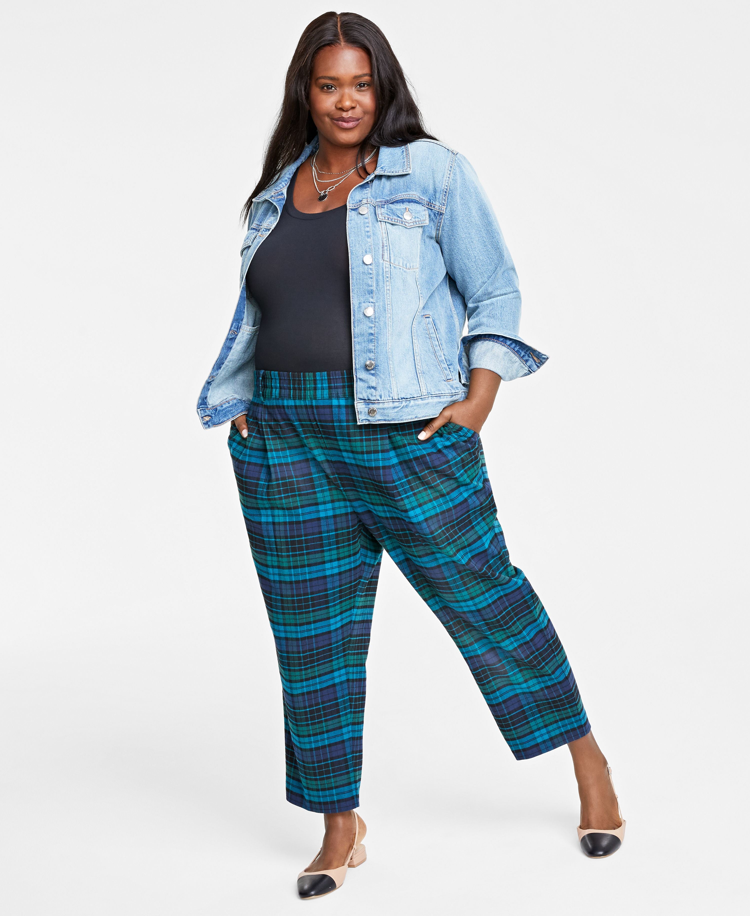 Plus Size Plaid Brushed Relaxed Ankle Pants