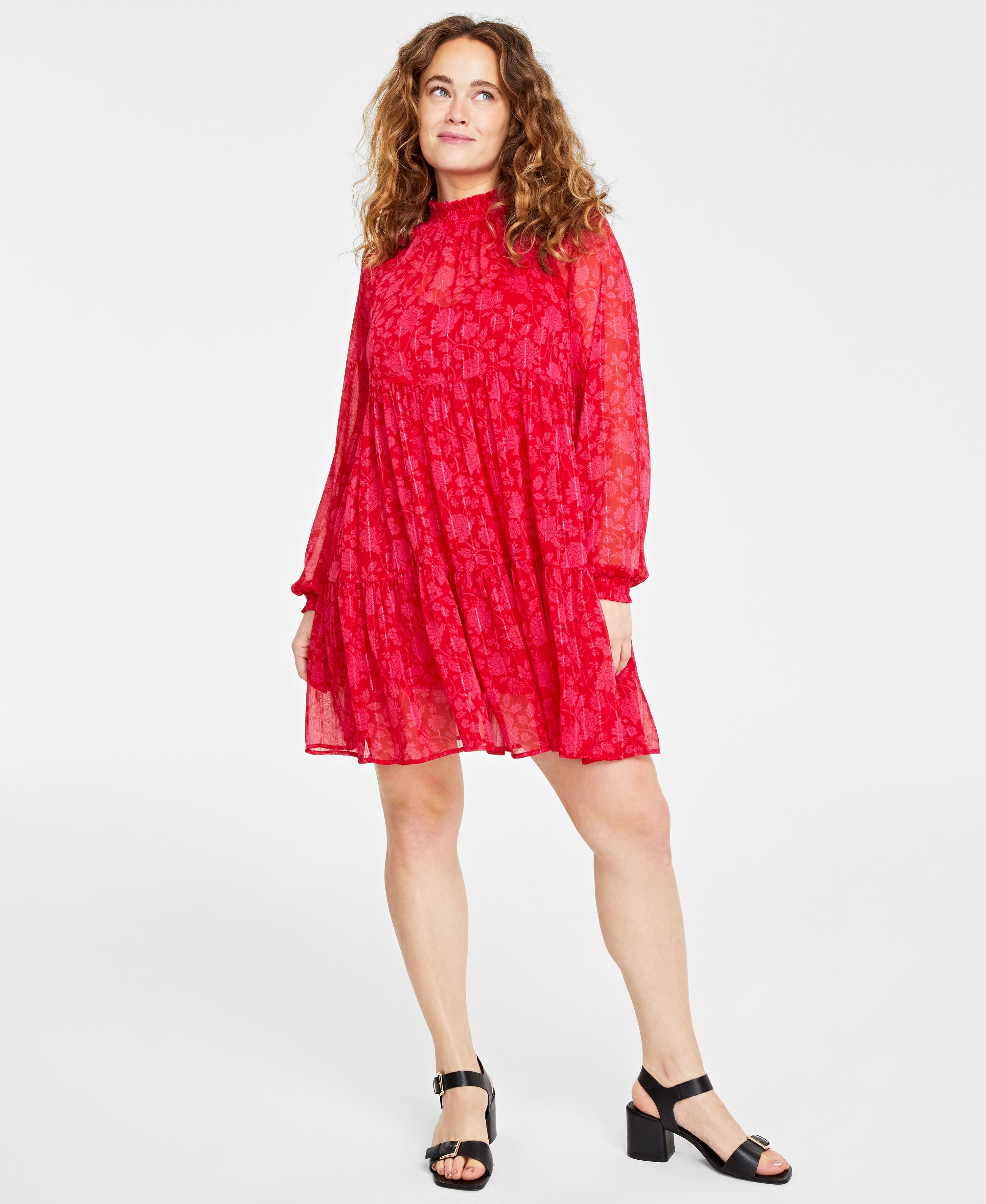 Women's Floral-Print Tiered Trapeze Dress