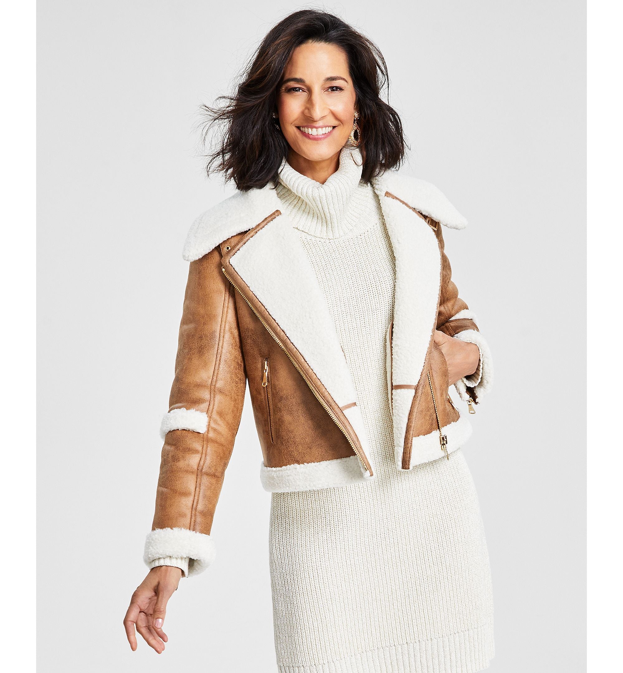 Women's Cropped Faux-Leather Aviator Jacket Warm Toffee L