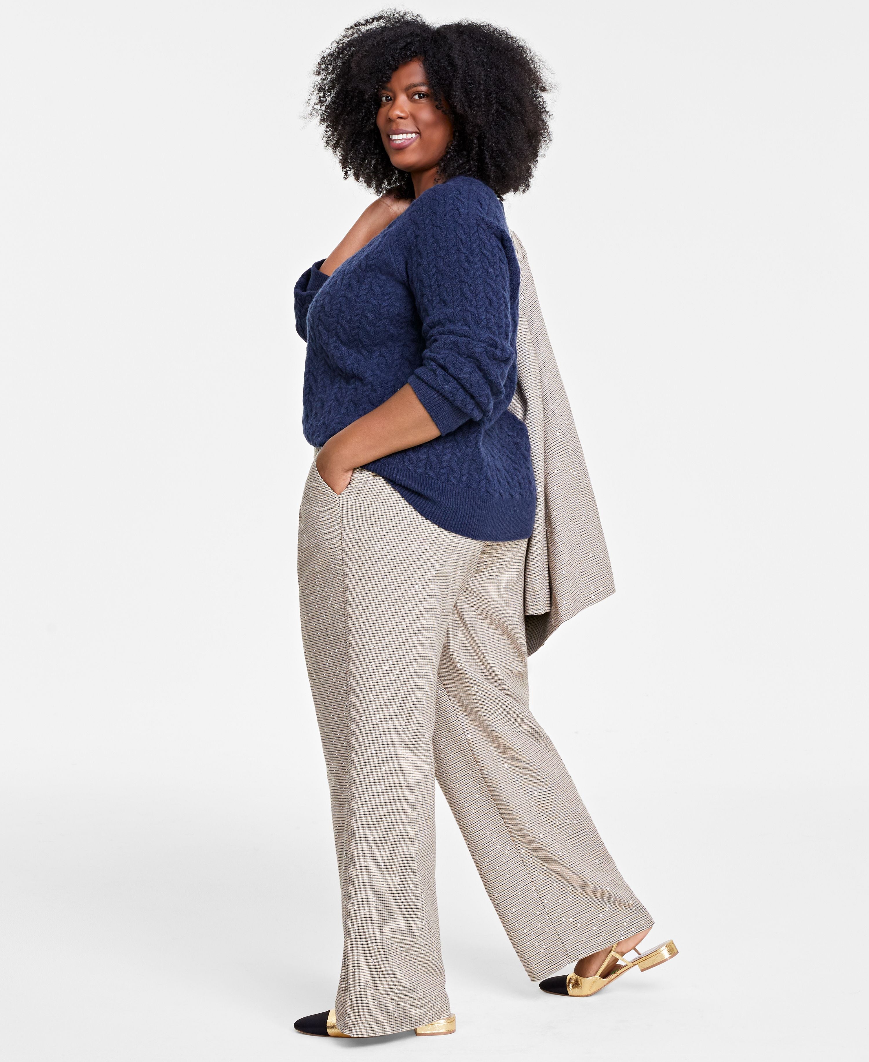 Plus Size Sequin Plaid Wide-Leg Pants