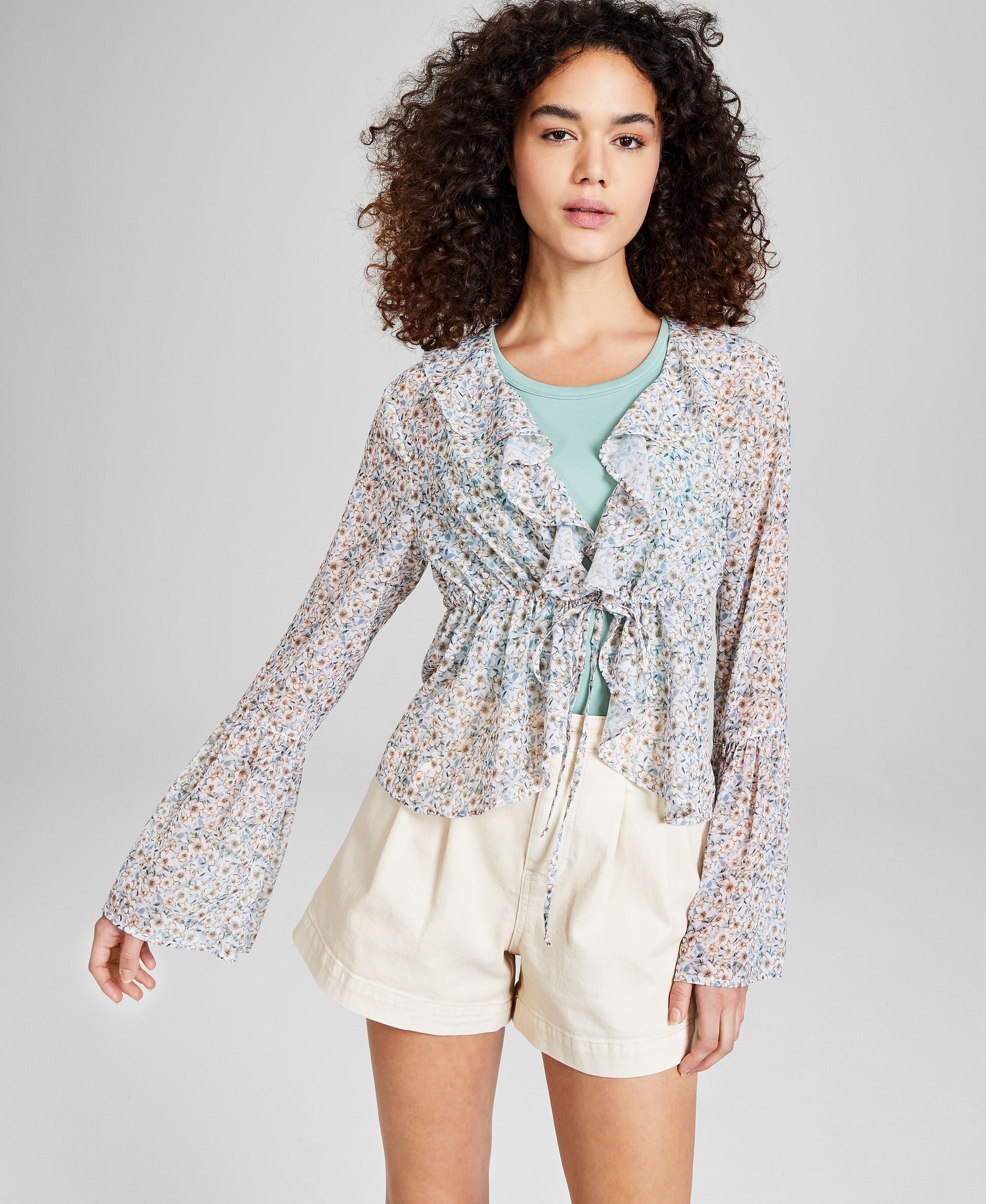 Women's Floral Print Tie-Waist Bell-Sleeve Top