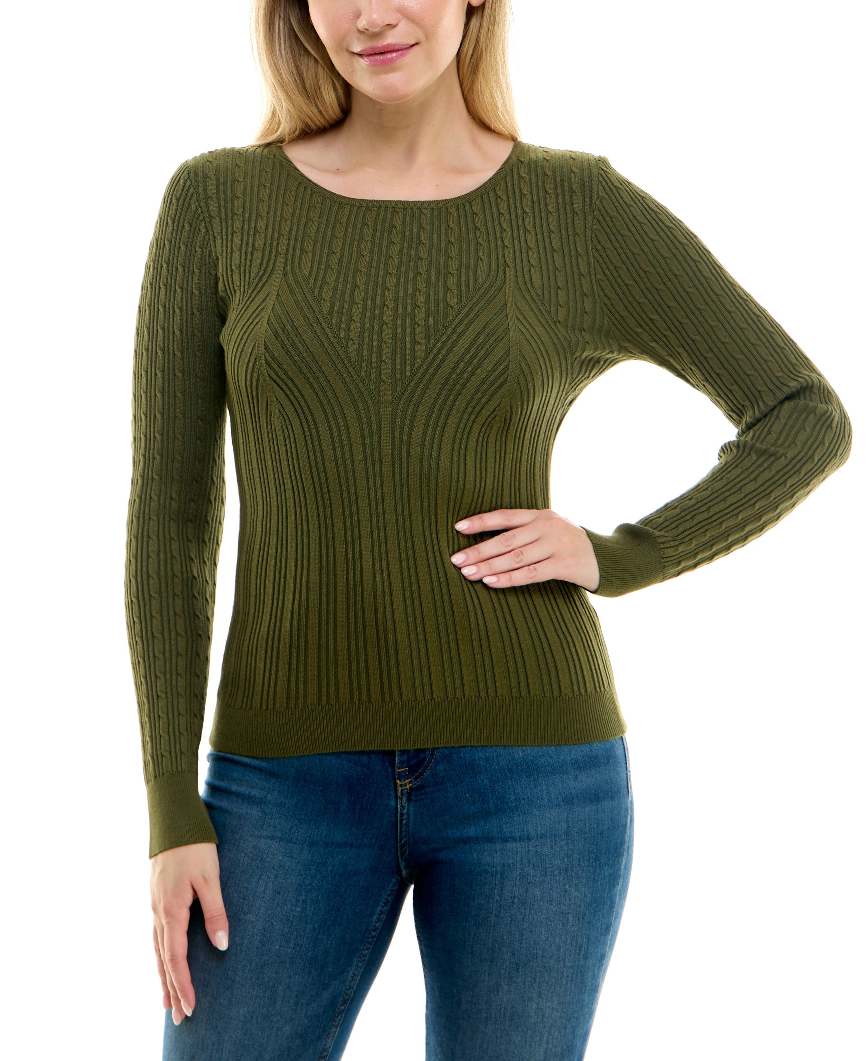 Juniors' Bustier Crewneck Long-Sleeve Sweater