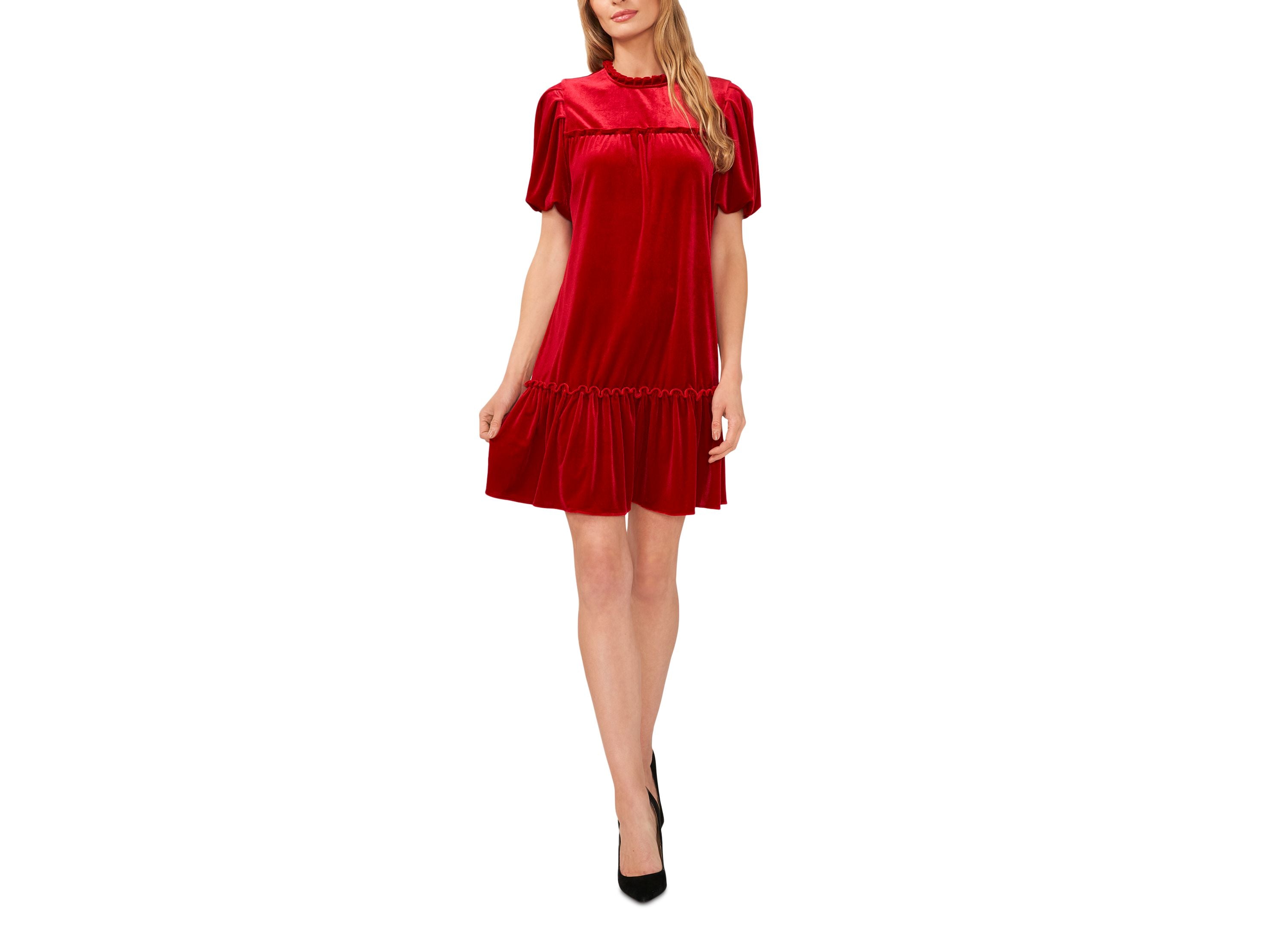 Women's Short Sleeve Velvet Ruffled Knit Dress