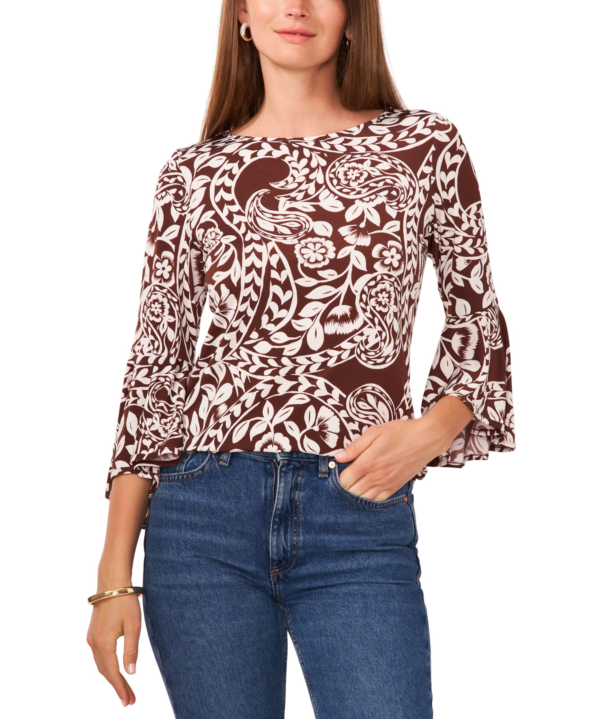 Petite Contrast-Trim Bell-Sleeve Top