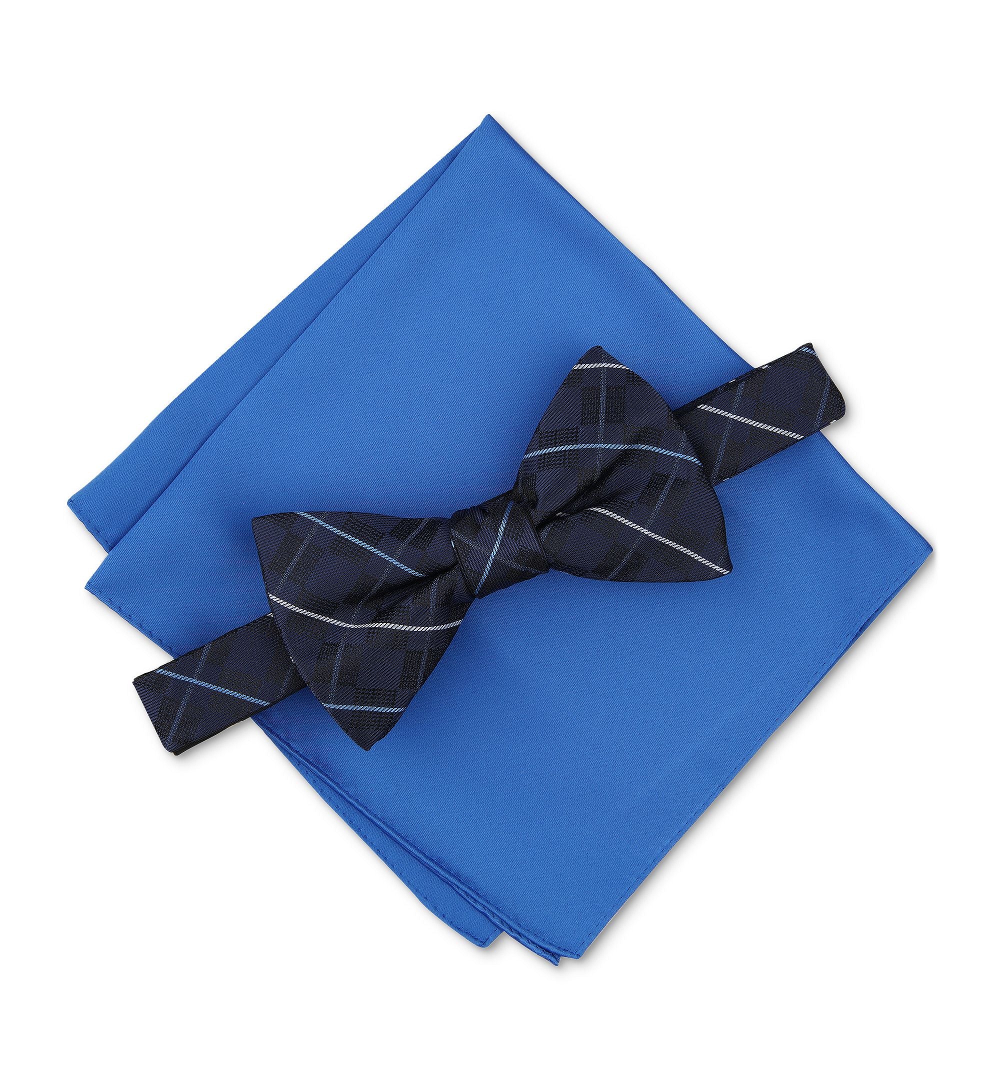 Men's Canfield Grid Bow Tie & Solid Pocket Square Set