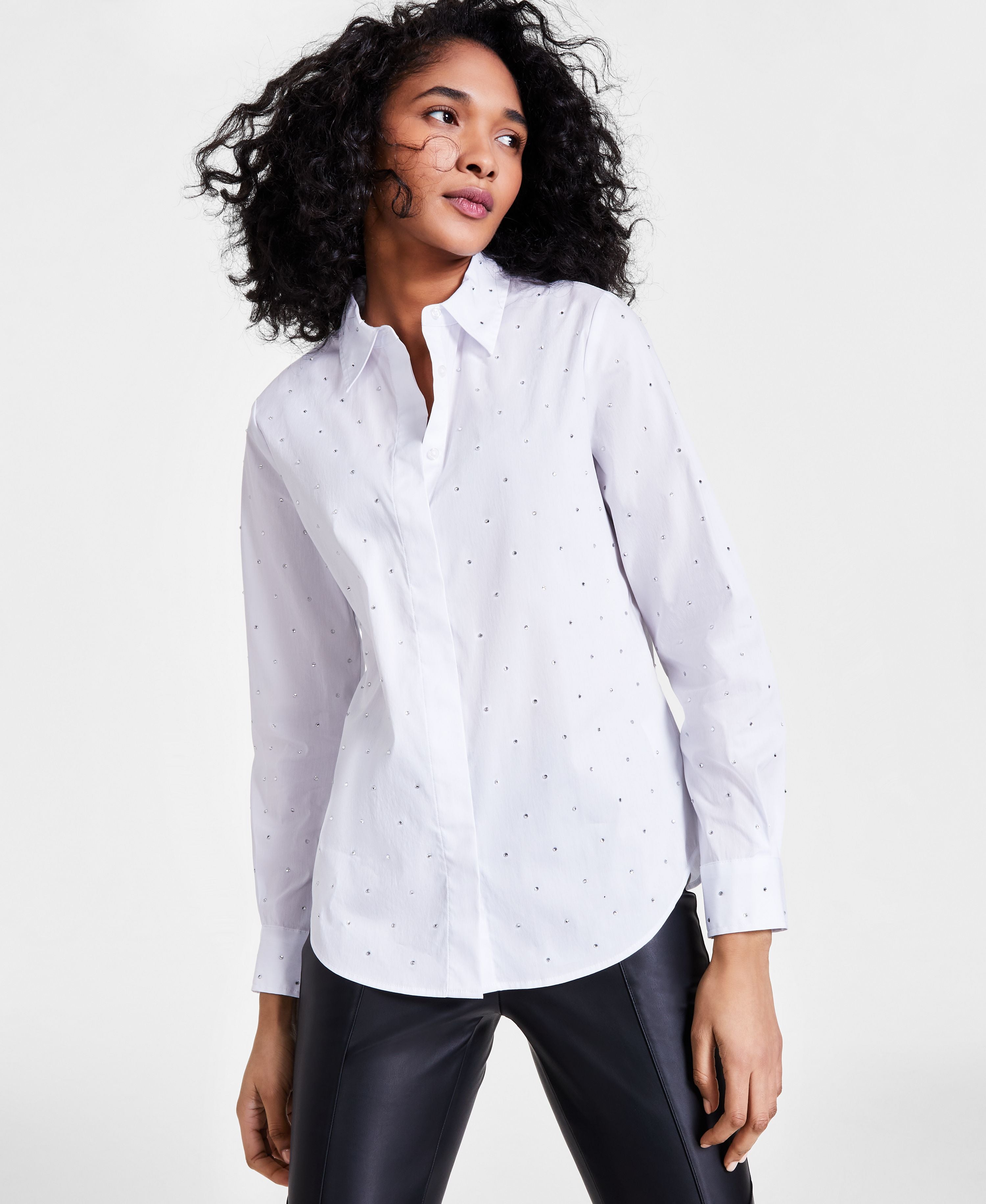 Women's Rhinestone-Studded Shirt White XXS