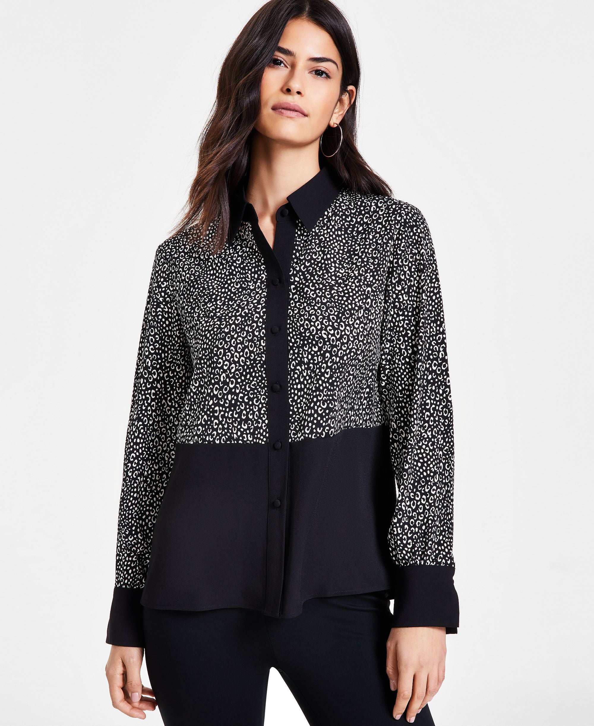 Women's Animal-Print Colorblocked Shirt Black/White XXS