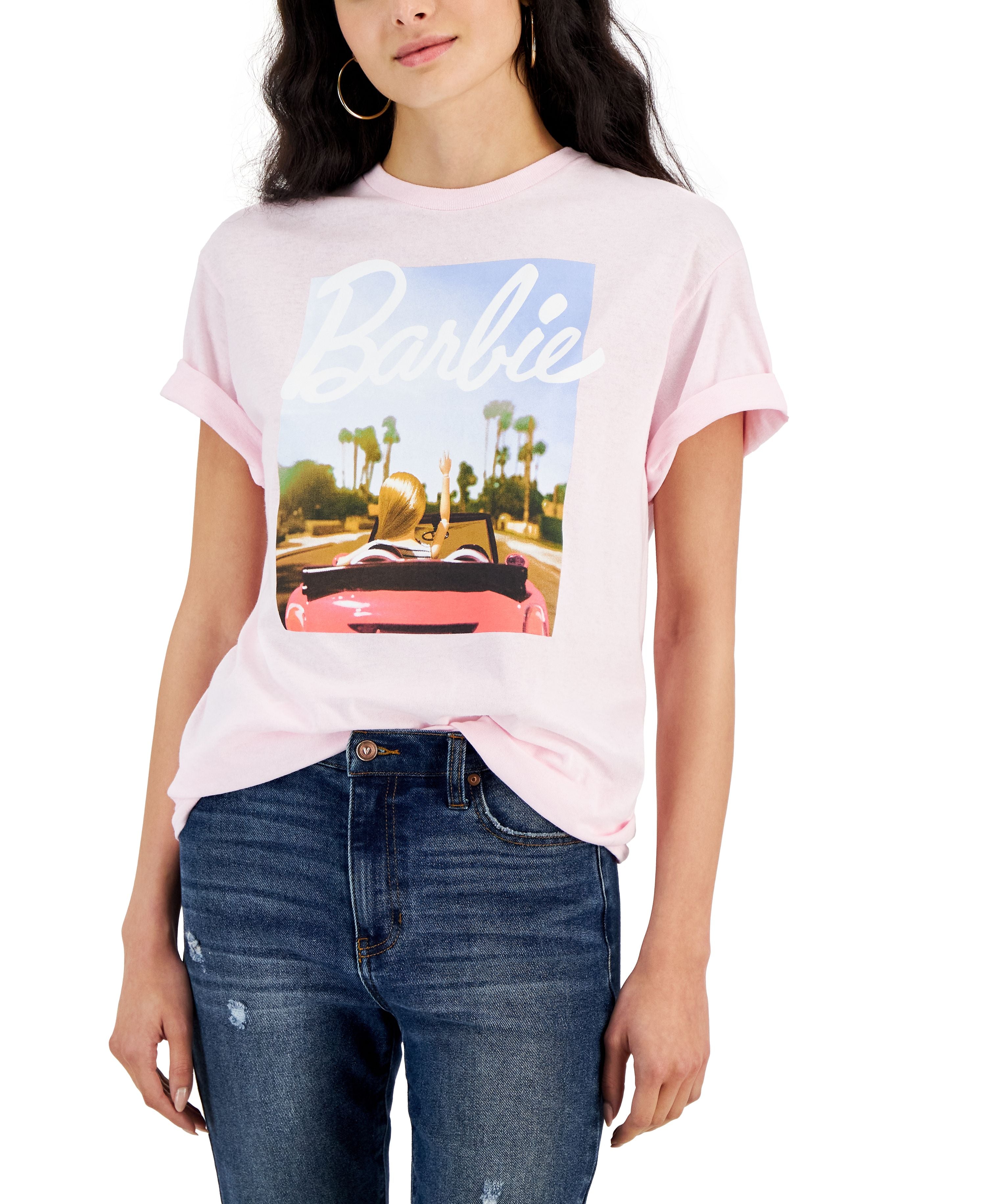 Juniors' Cotton Barbie Graphic Ribbed-Neck T-Shirt