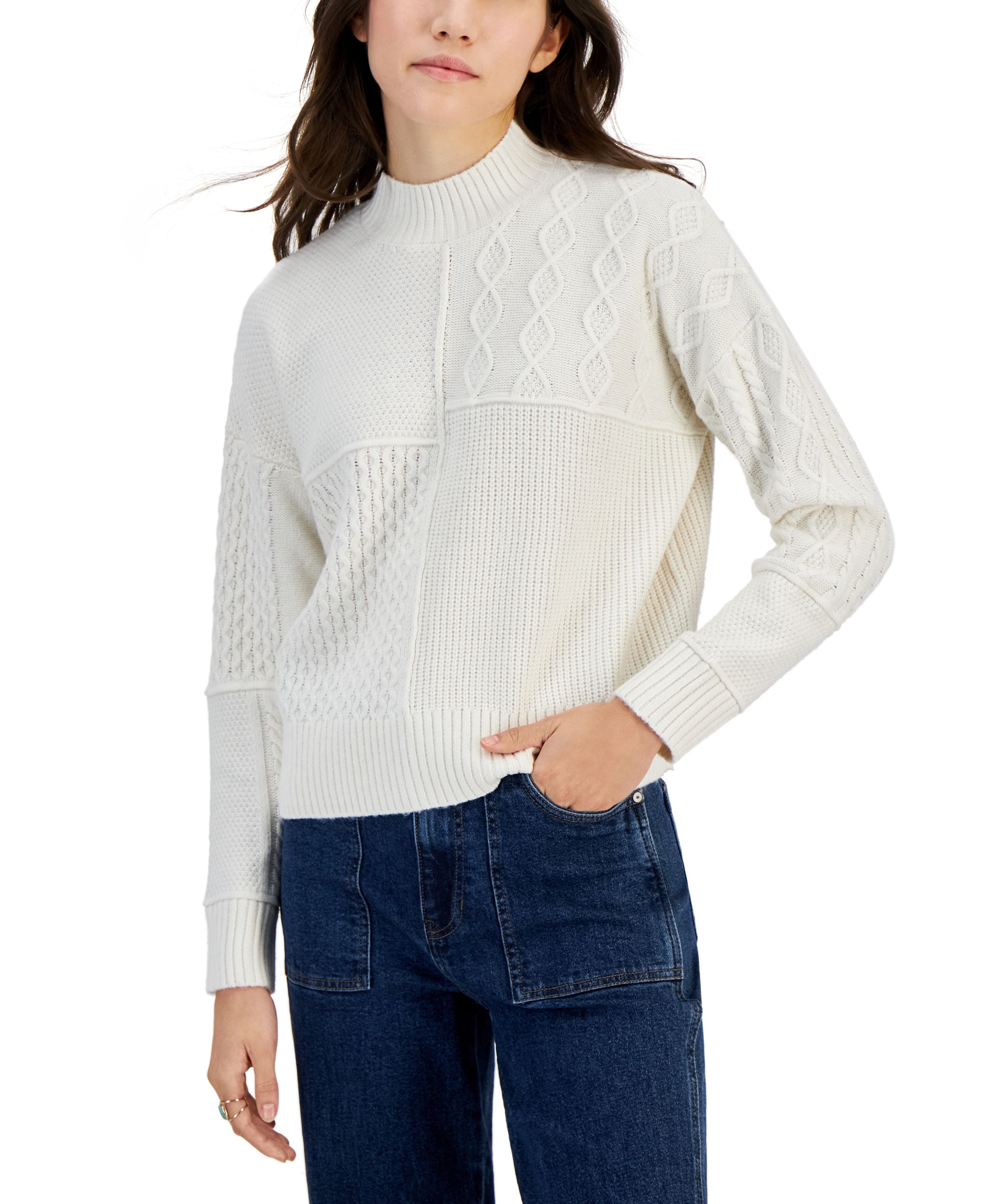 Juniors' Mock-Neck Mixed-Stitch Sweater