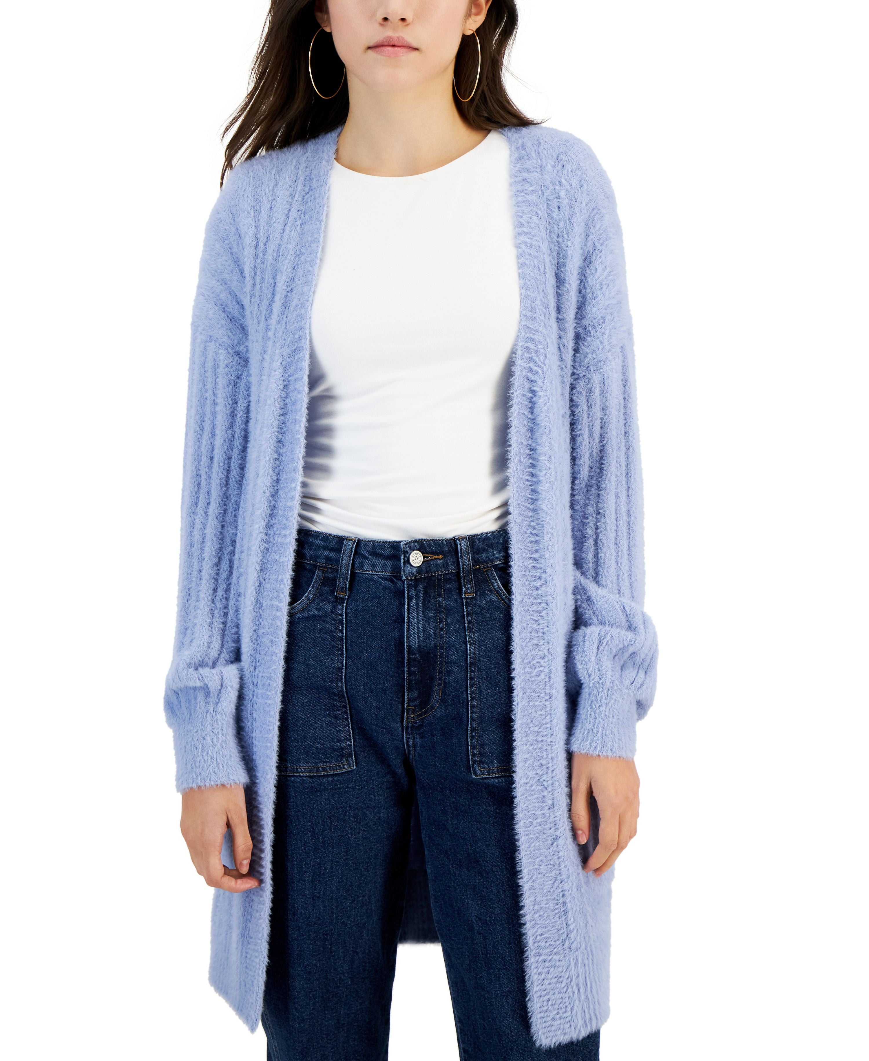 Juniors' Eyelash Ribbed Open-Front Cardigan