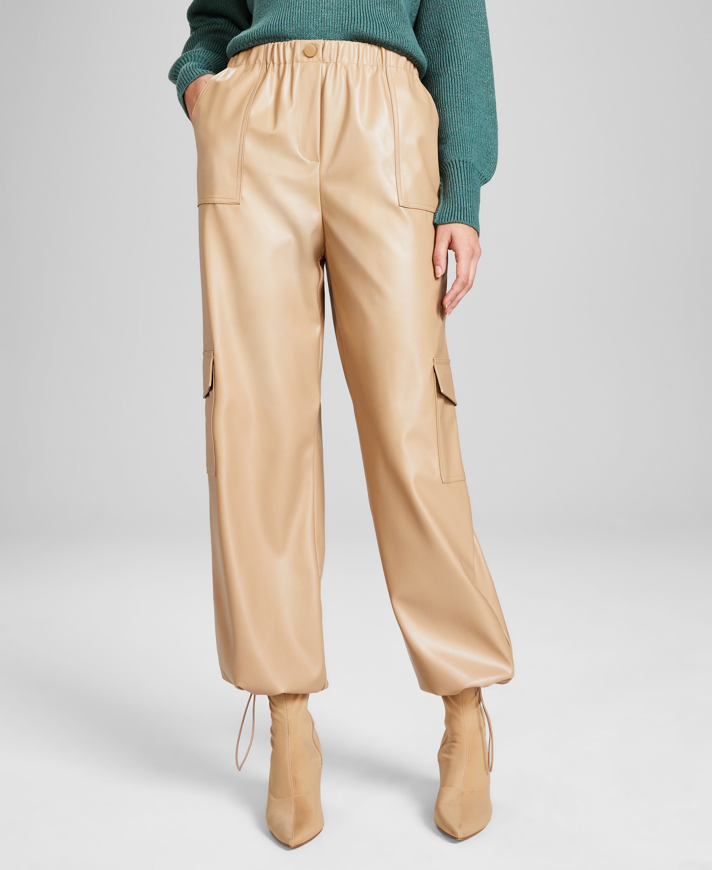 Women's High Rise Faux Leather Cargo Pants
