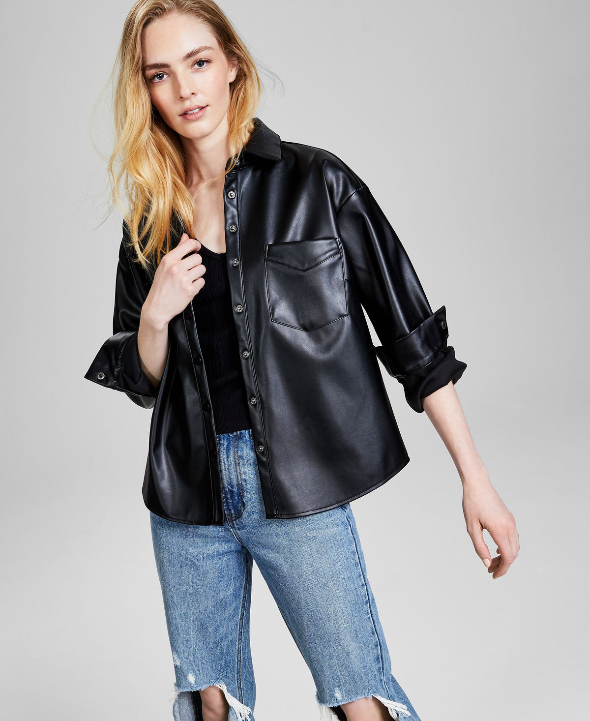 Women's Faux-Leather Long-Sleeve Shacket
