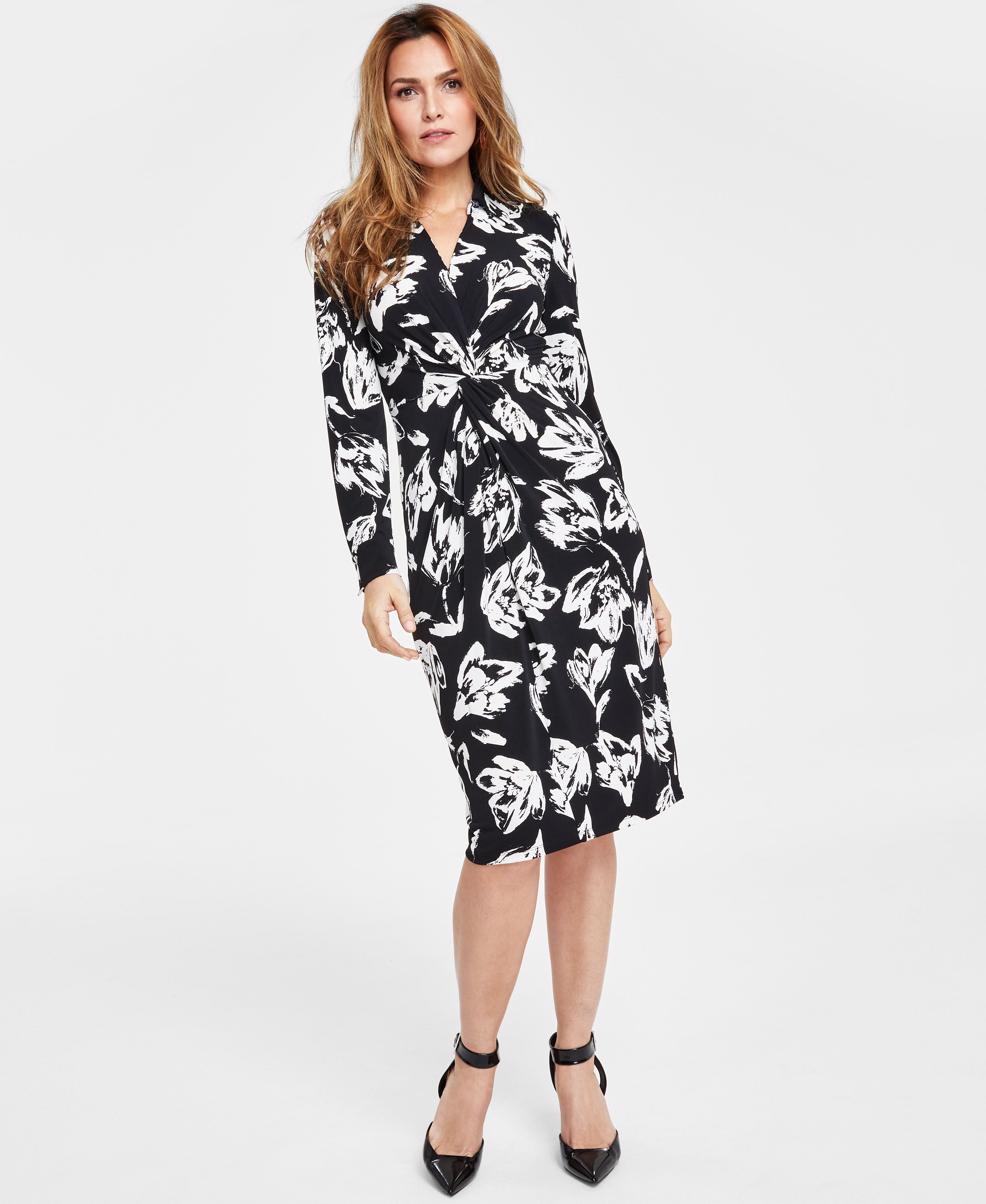 Petite Printed Twist-Front Midi Dress