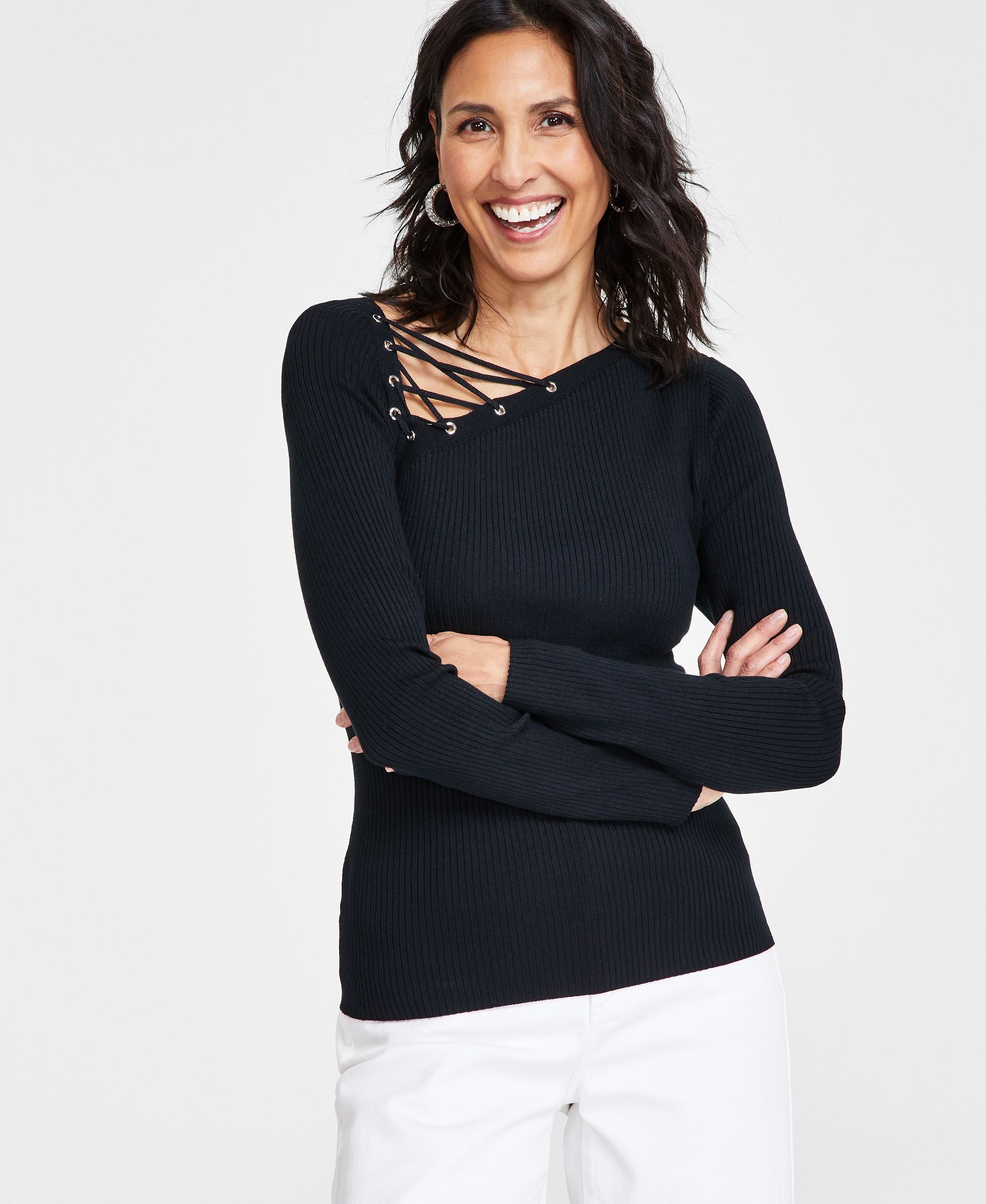 Women's Asymmetric-Lace-Up-Neck Sweater