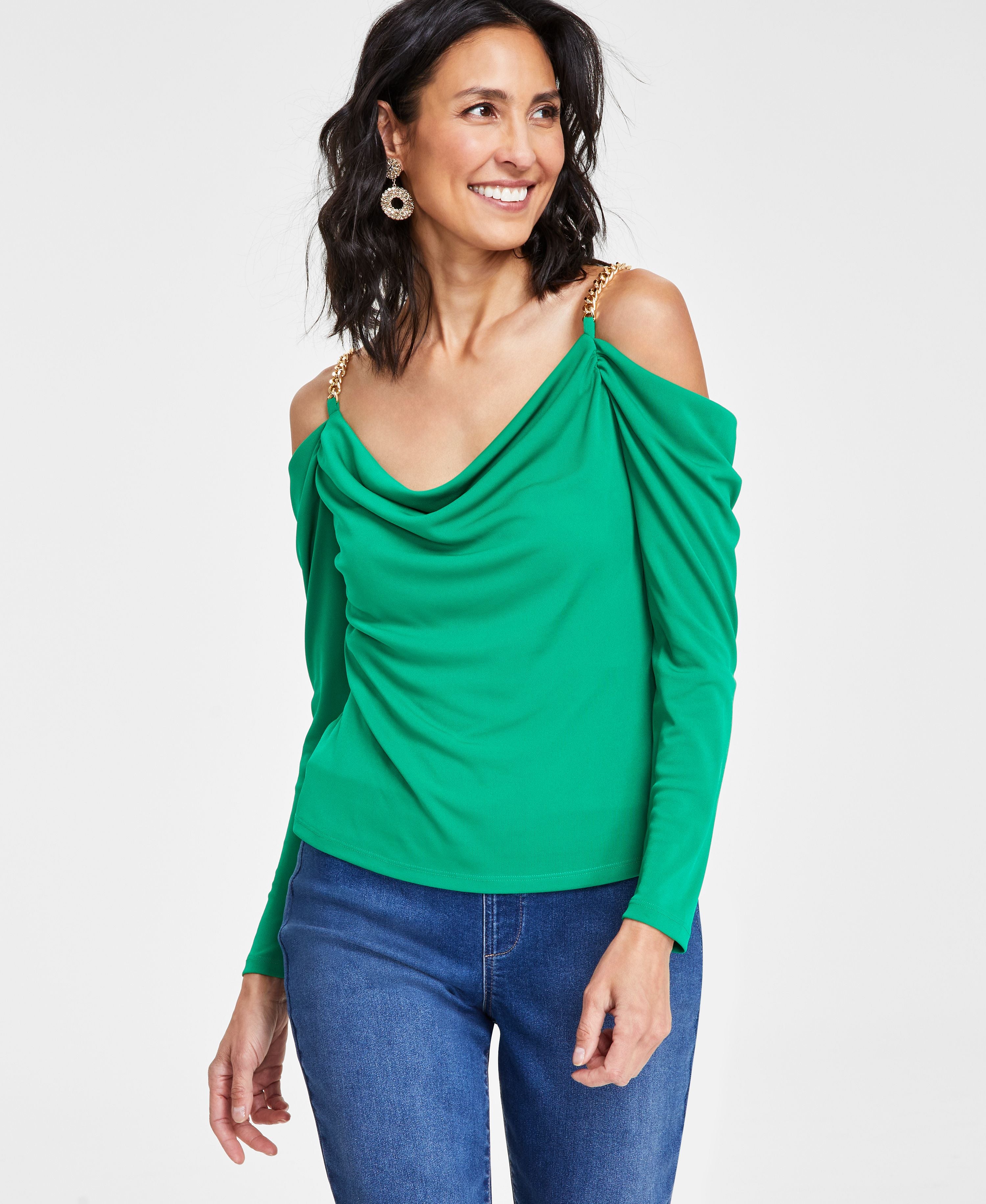 Petite Chain-Strap Off-The-Shoulder Top
