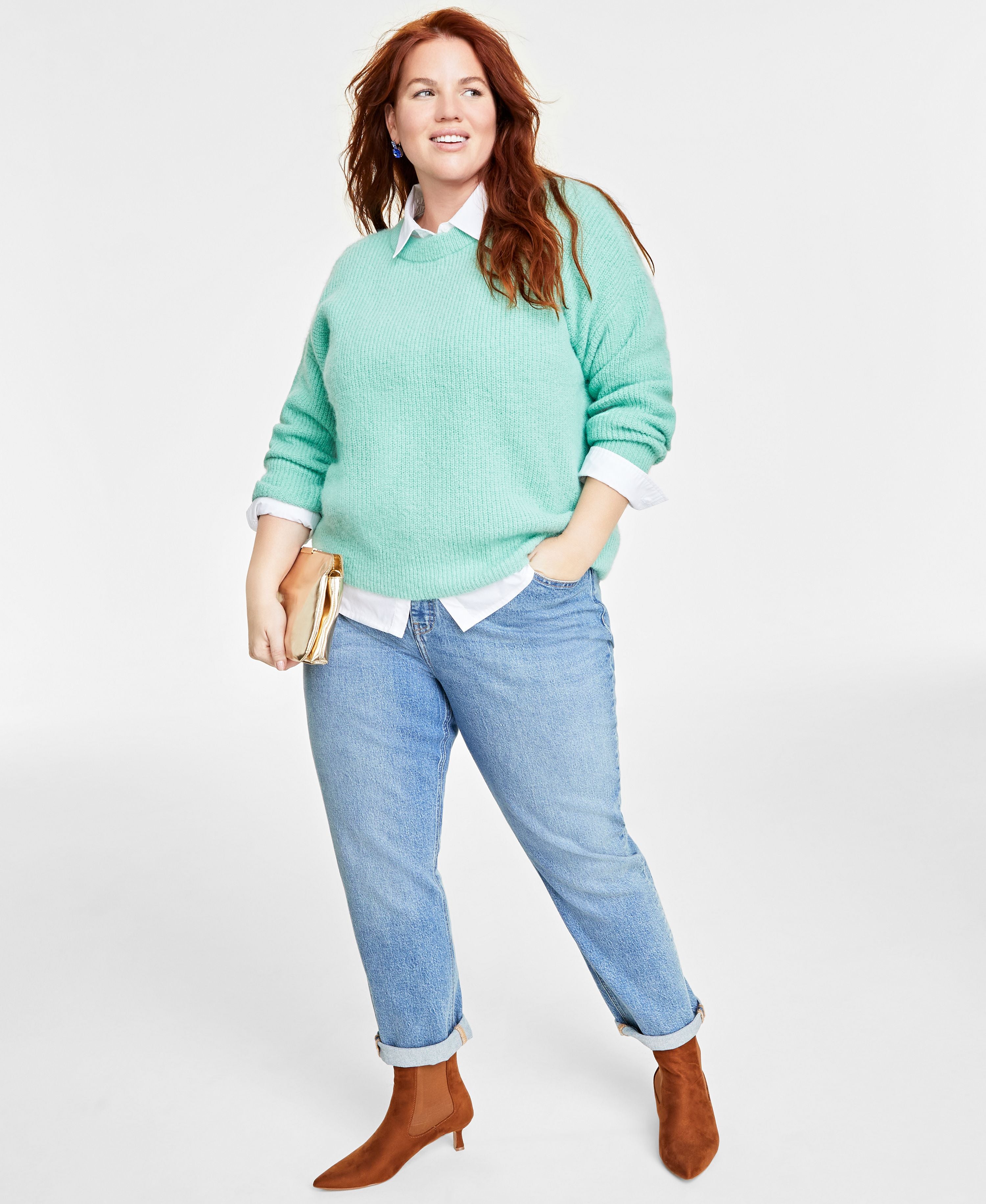 Plus Size Crewneck Long-Sleeve Shaker Sweater