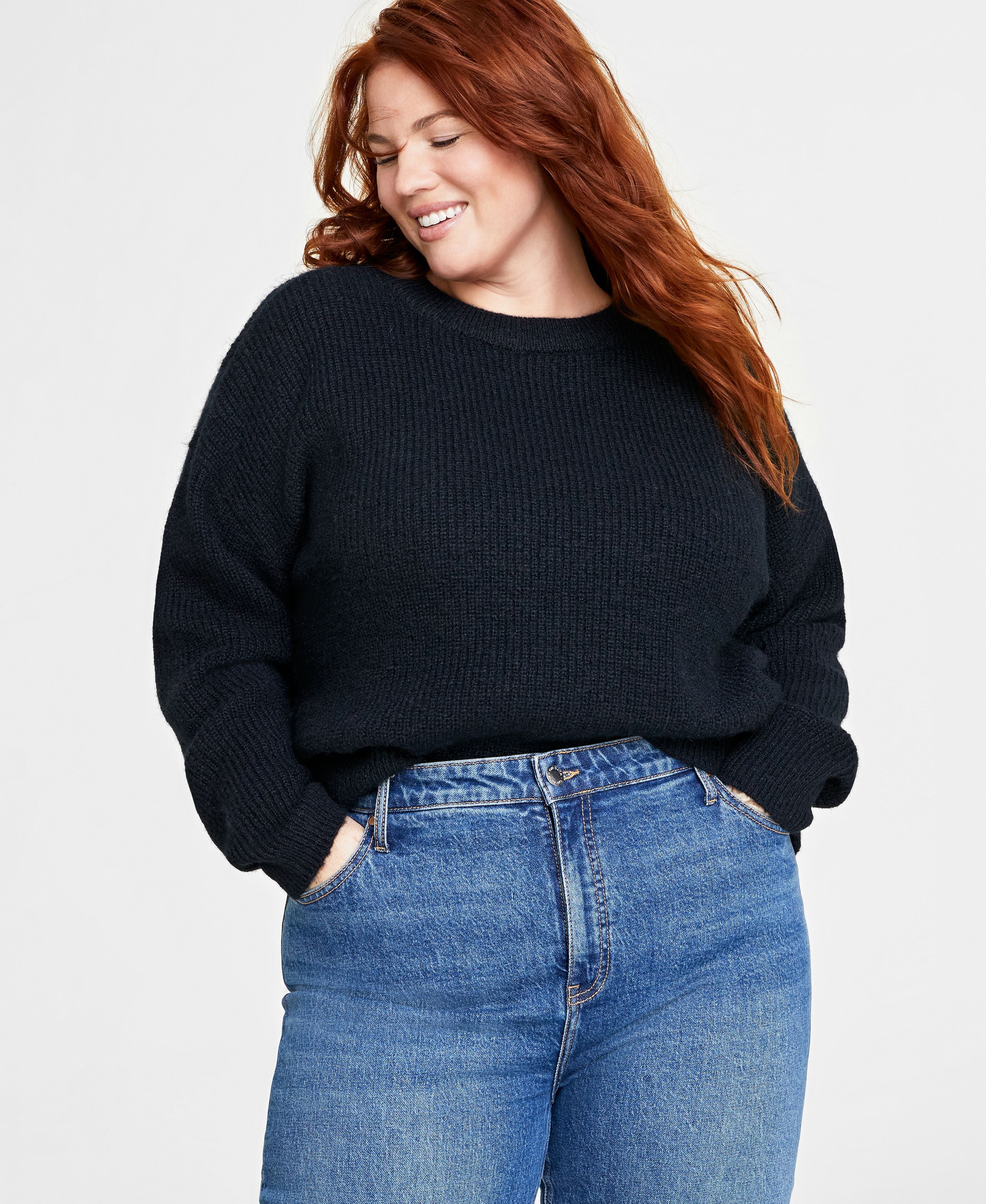 Plus Size Crewneck Long-Sleeve Shaker Sweater