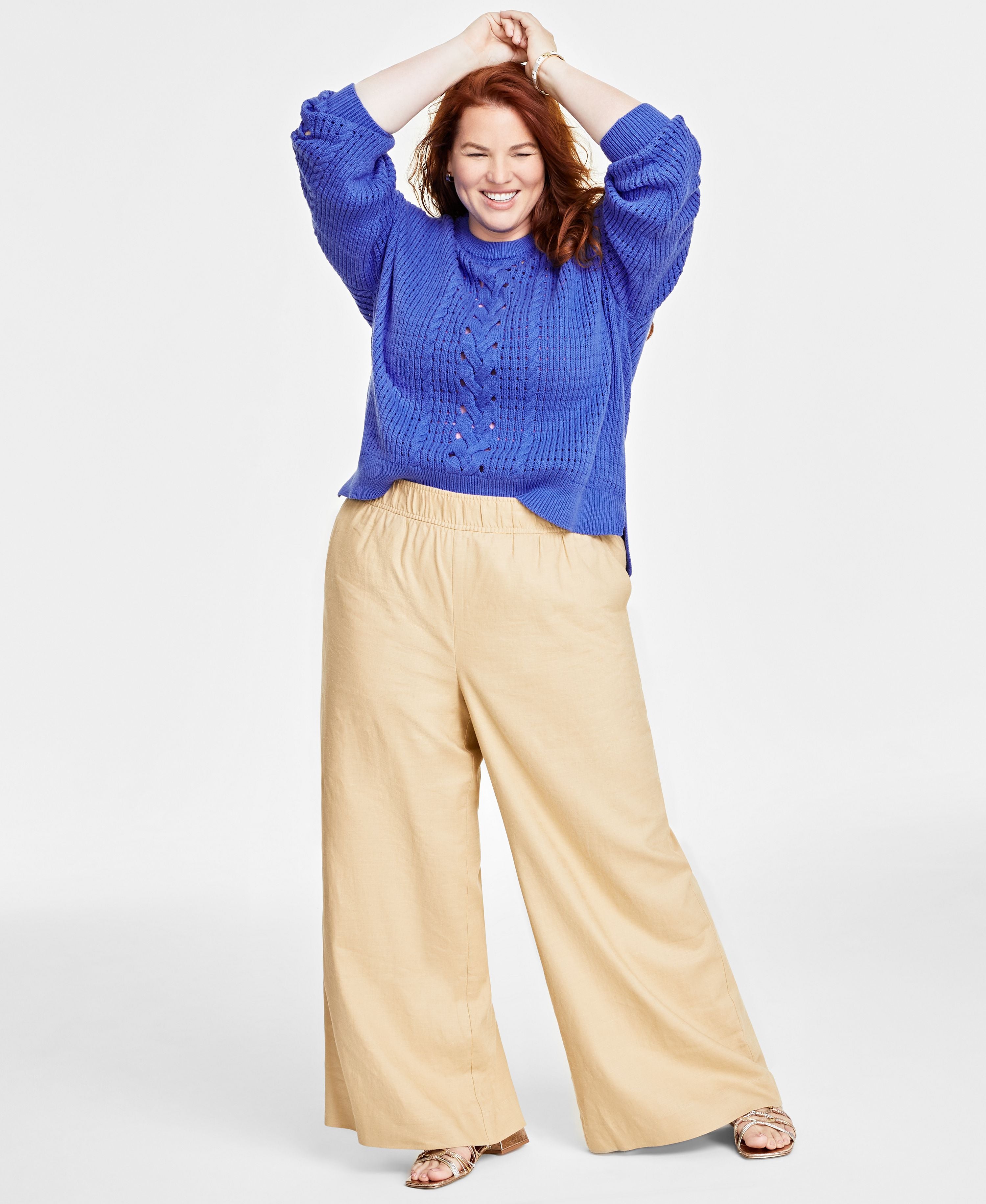 Plus Size Crewneck Spring Cotton-Blend Cable-Knit Sweater