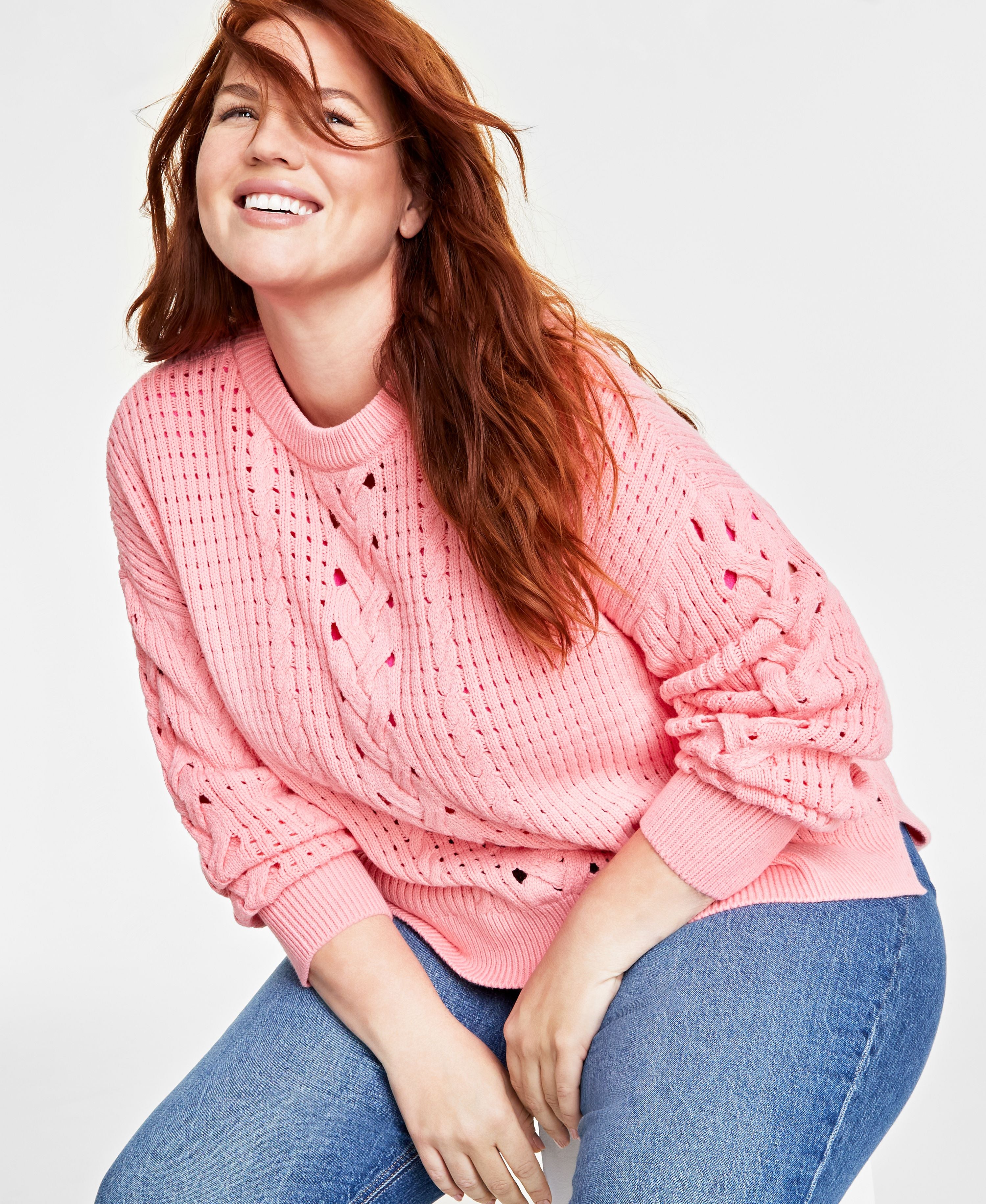Plus Size Crewneck Spring Cotton-Blend Cable-Knit Sweater
