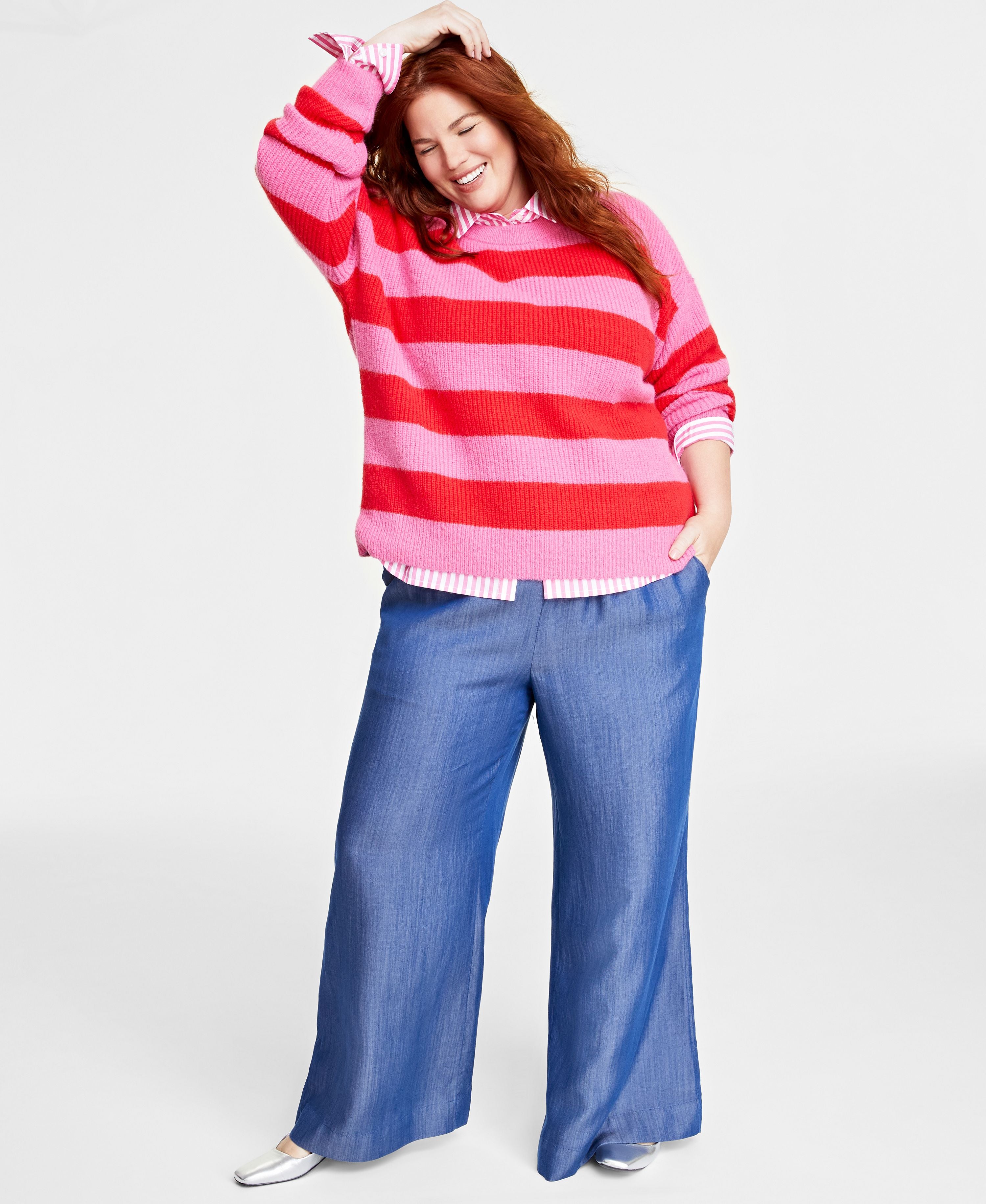 Plus Size Crewneck Striped Shaker Sweater