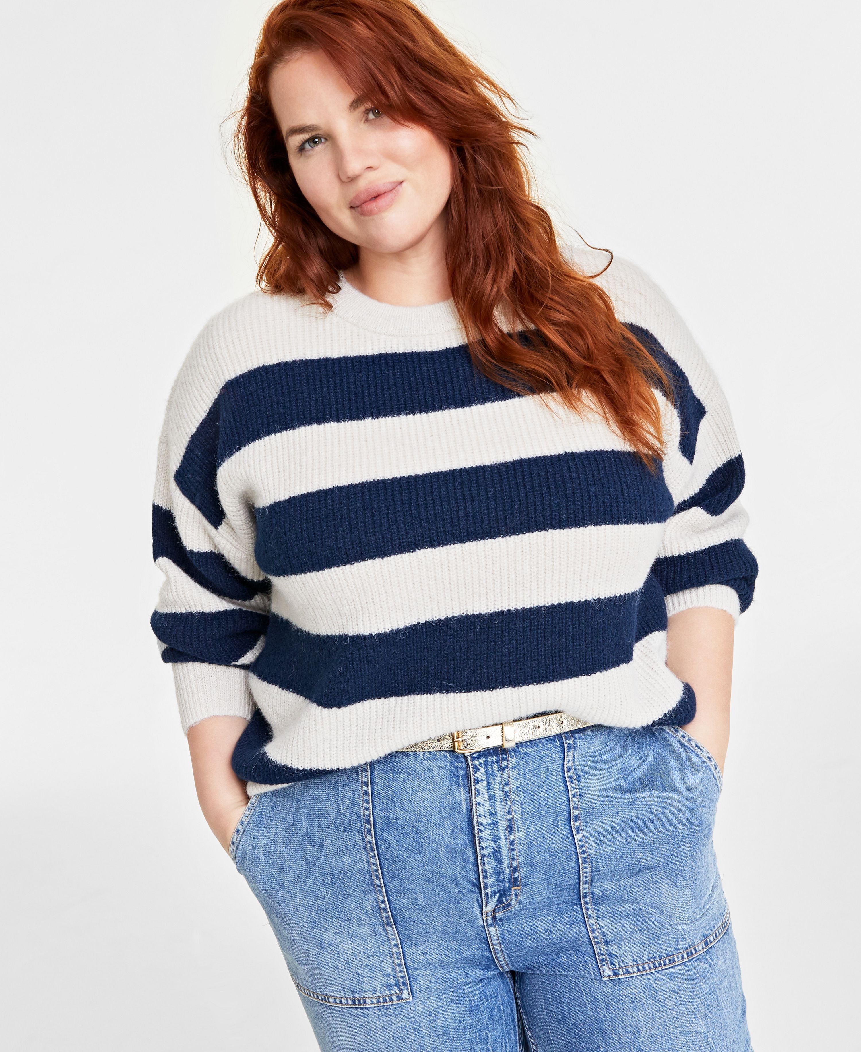 Plus Size Crewneck Striped Shaker Sweater
