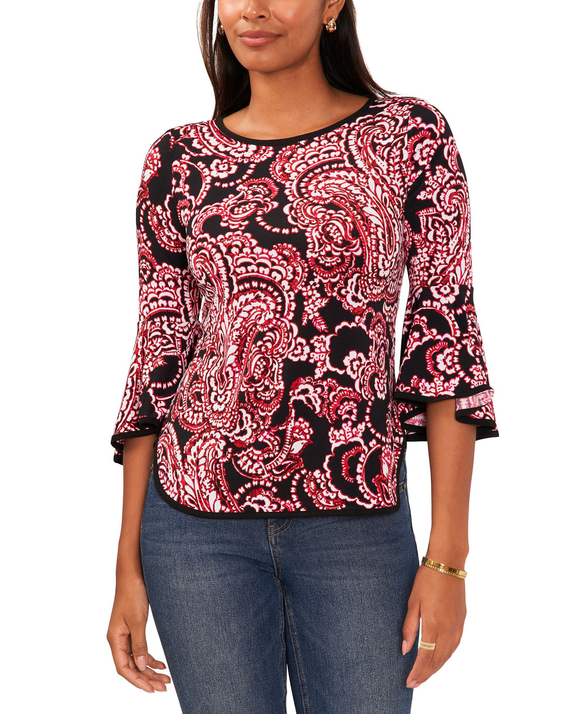 Petite Floral-Print Bell-Sleeve Piped Top