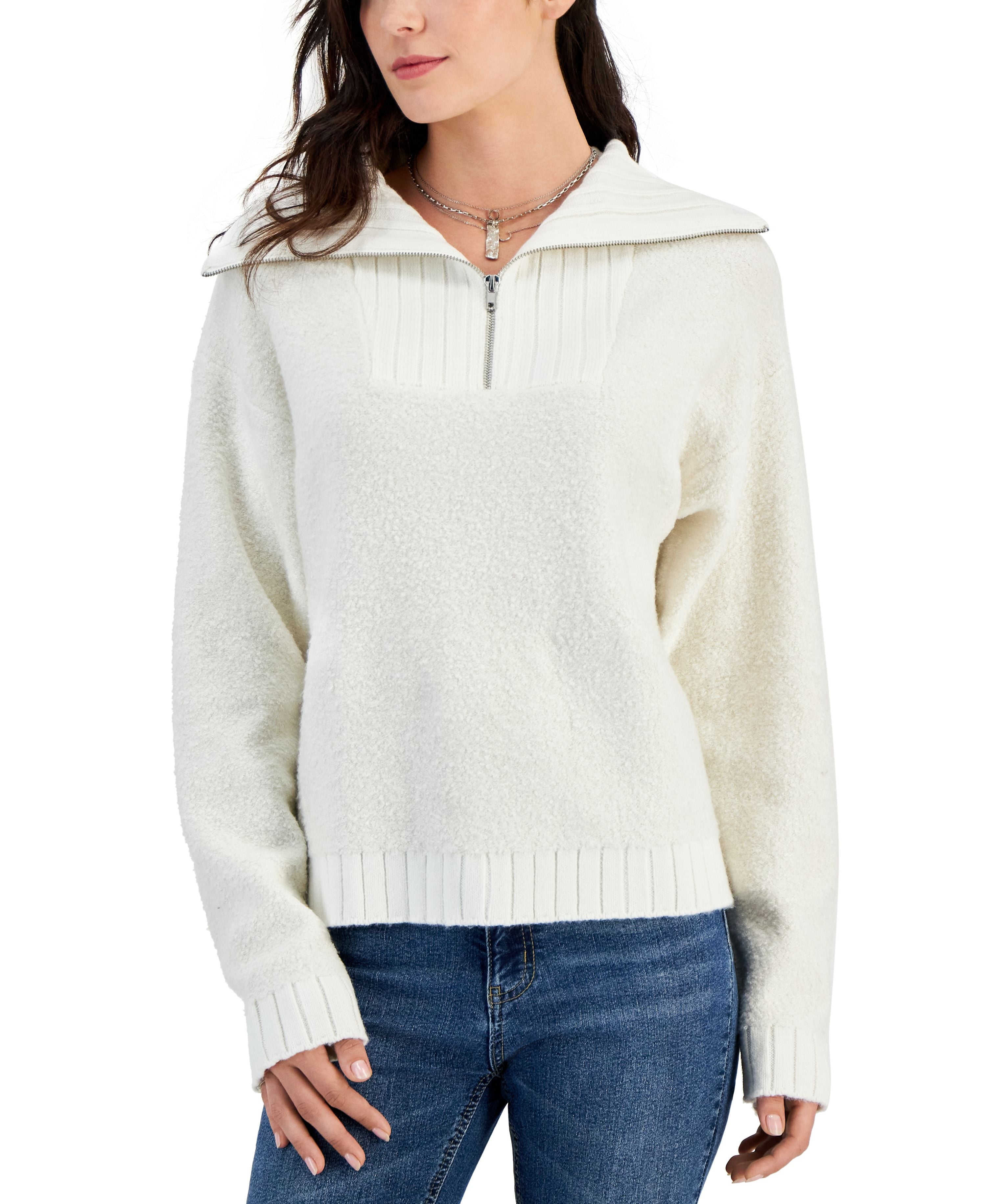 Juniors' Quarter-Zip Long-Sleeve Boucl� Sweater