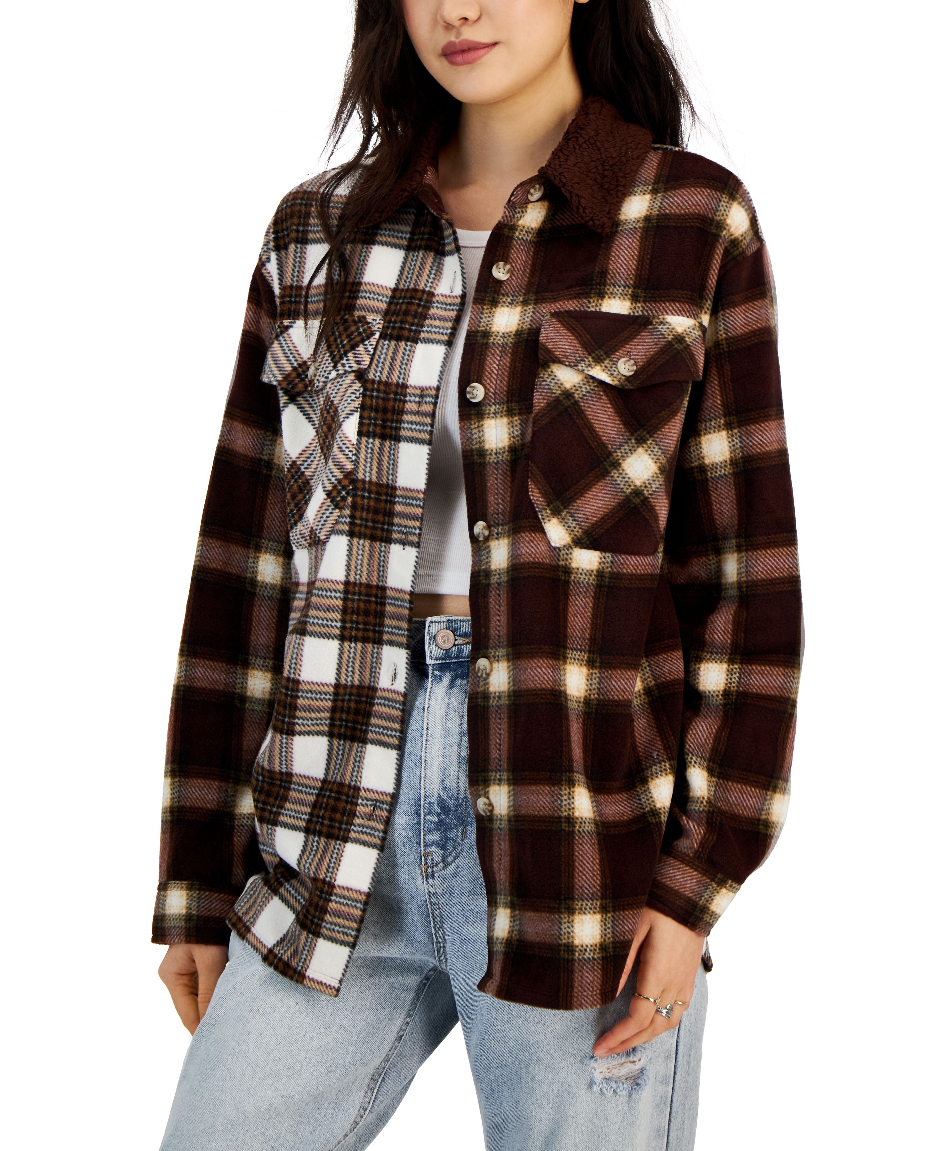 Juniors' Plaid Polar Fleece Sherpa-Collar Shacket