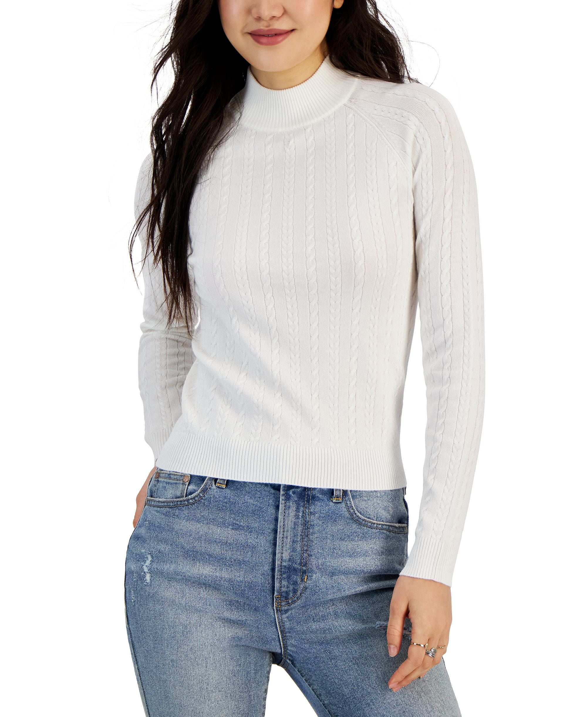 Juniors' Mini-Cable-Knit Mock Neck Sweater