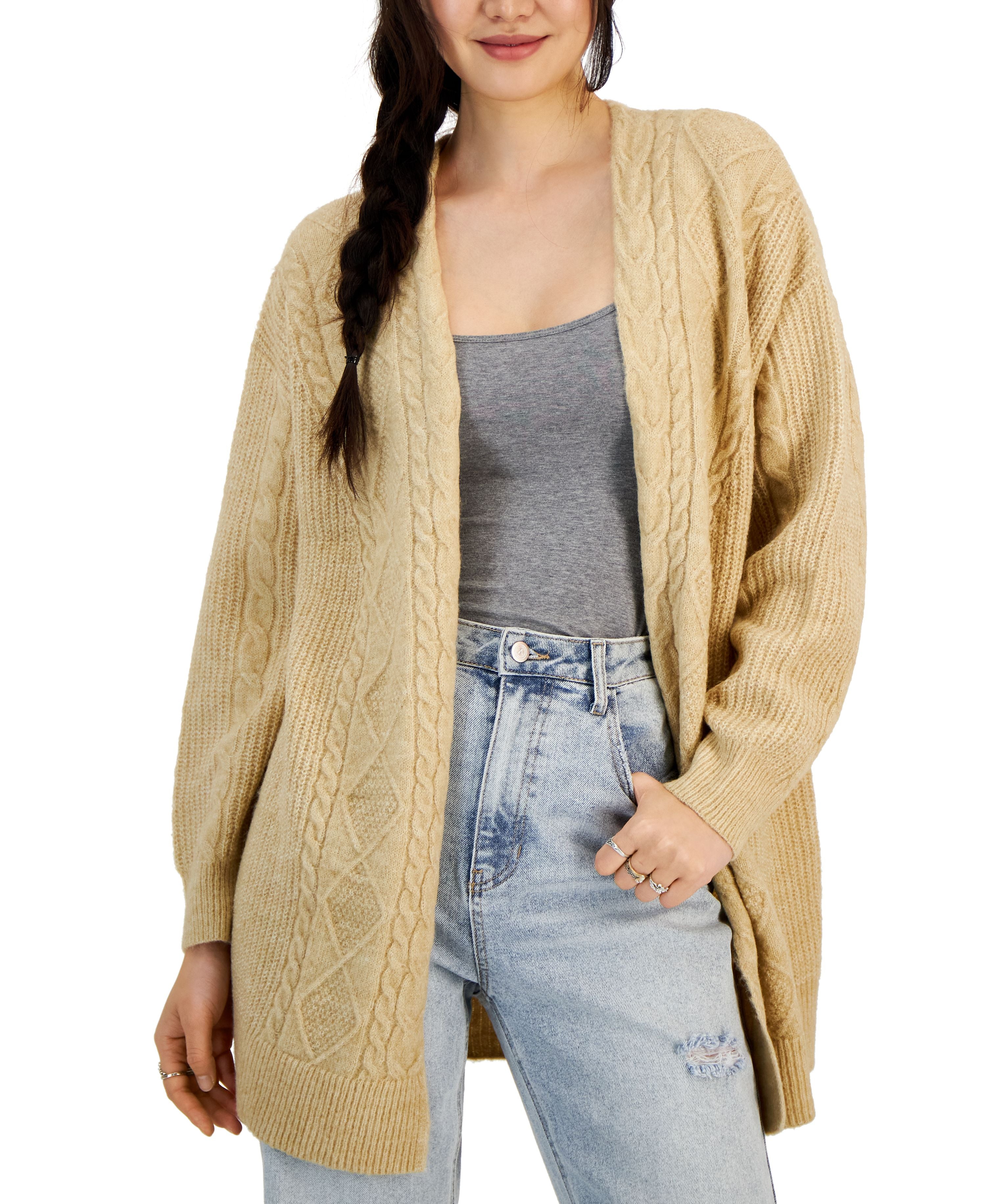 Juniors' Fisherman-Knit Open-Front Long Cardigan