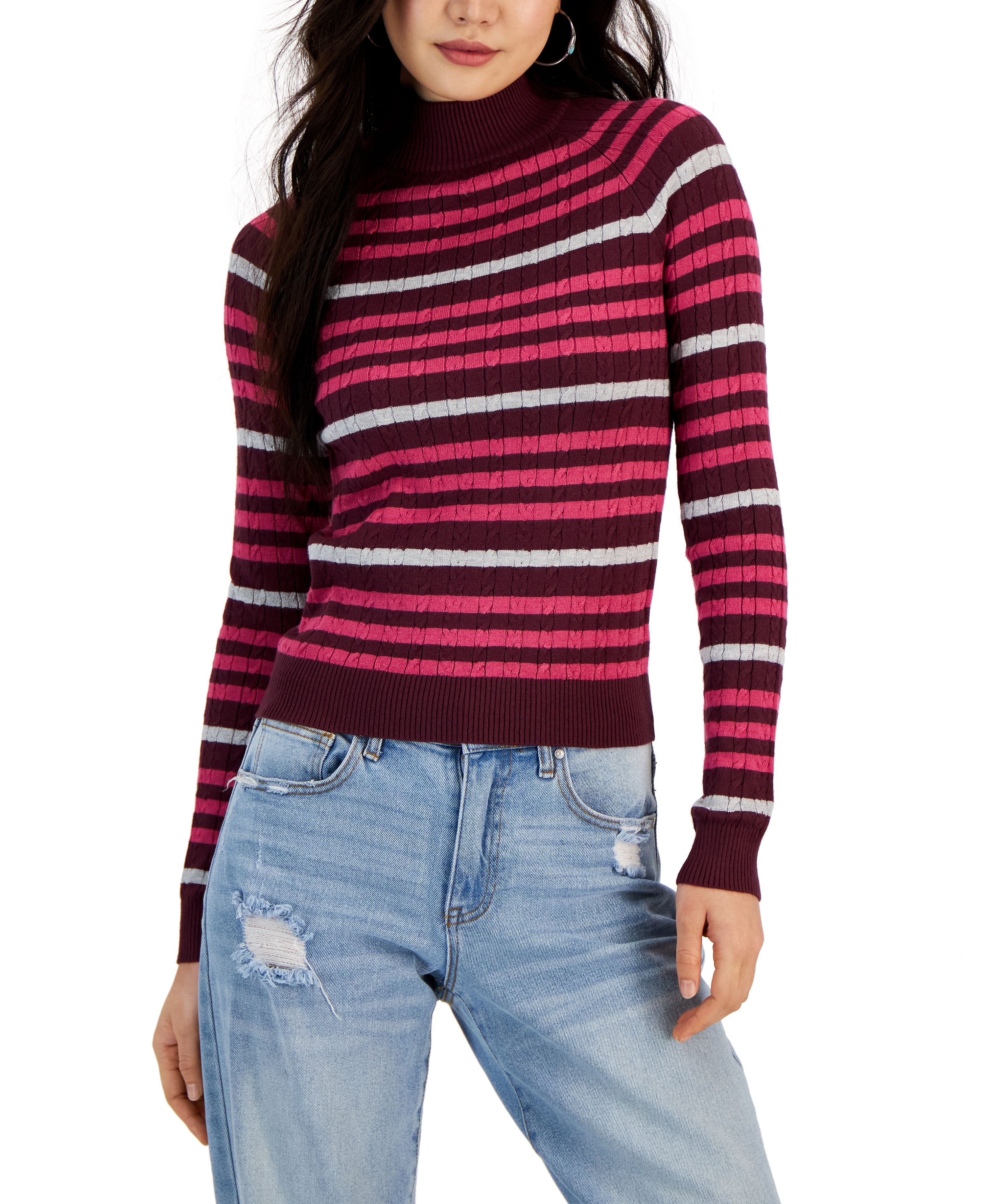 Juniors' Striped Mini-Cable Mock Neck Sweater