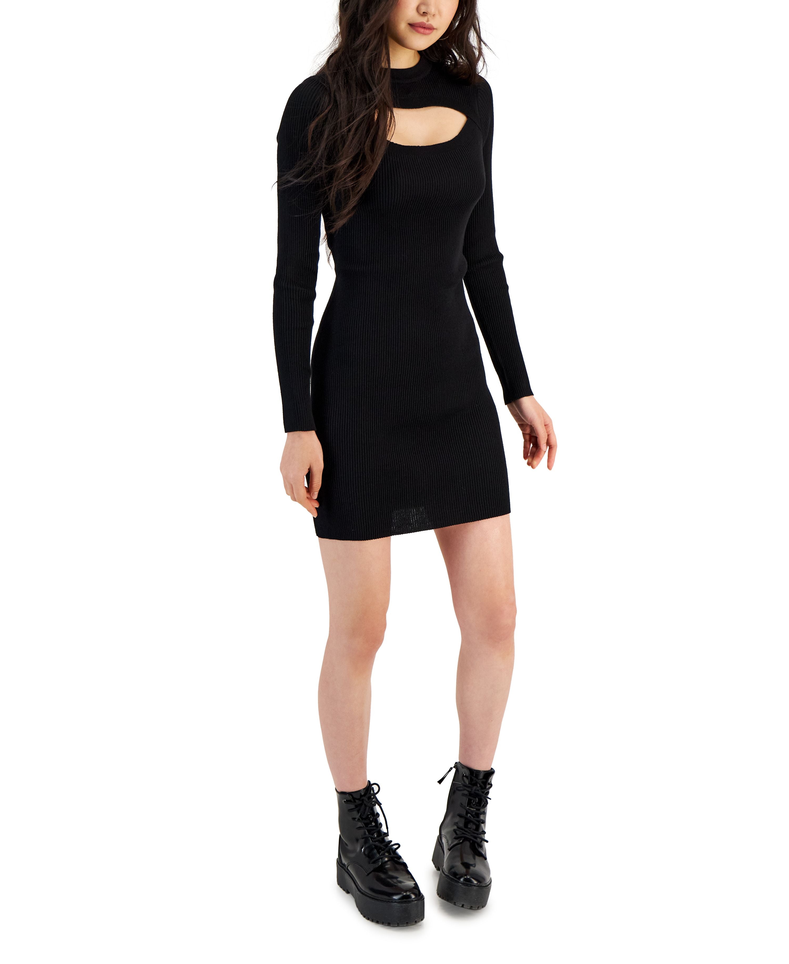 Juniors' Rib-Knit Cutout-Neck Mini Sweater Dress