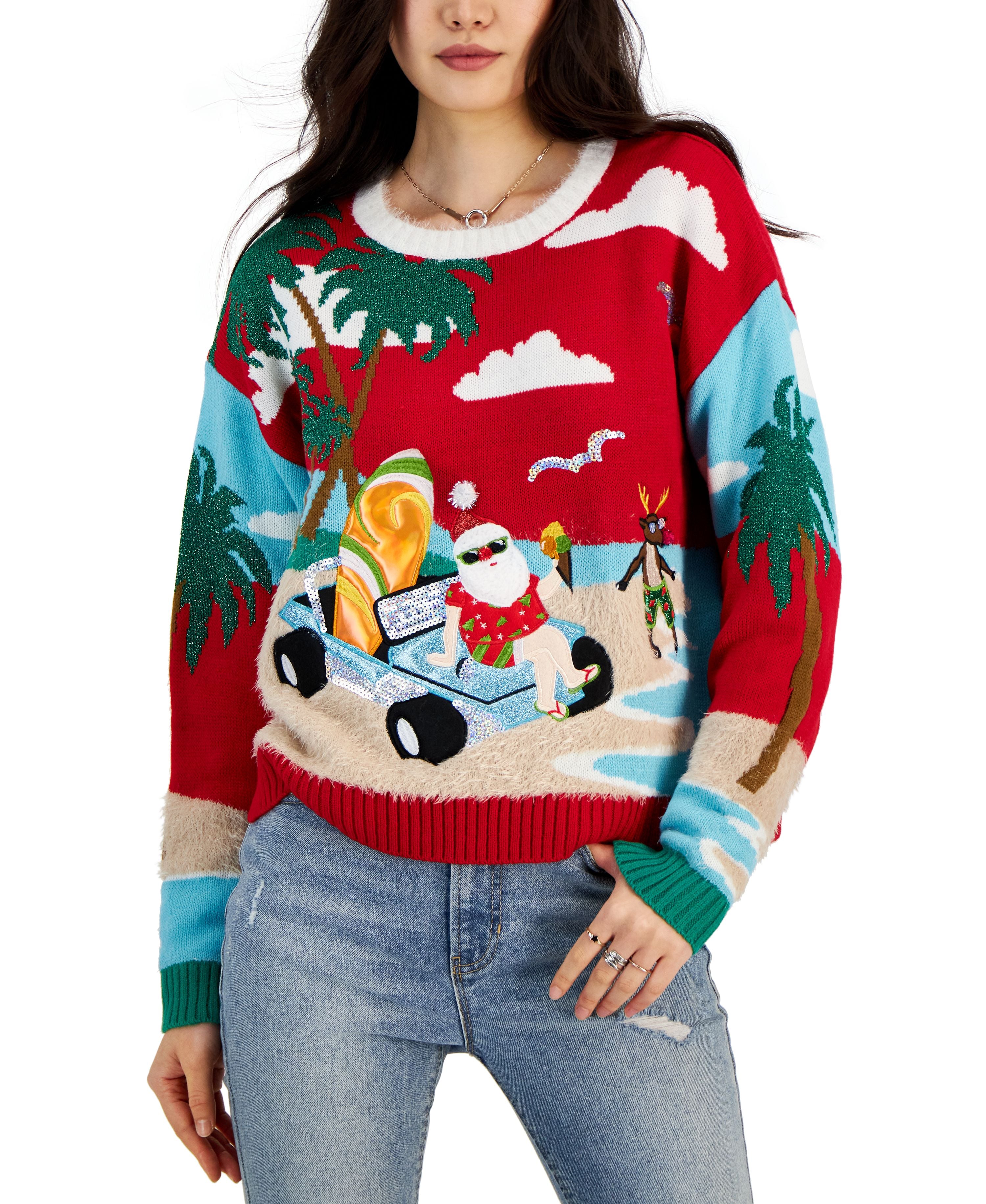 Juniors' Embellished Beach Santa Ugly Christmas Sweater