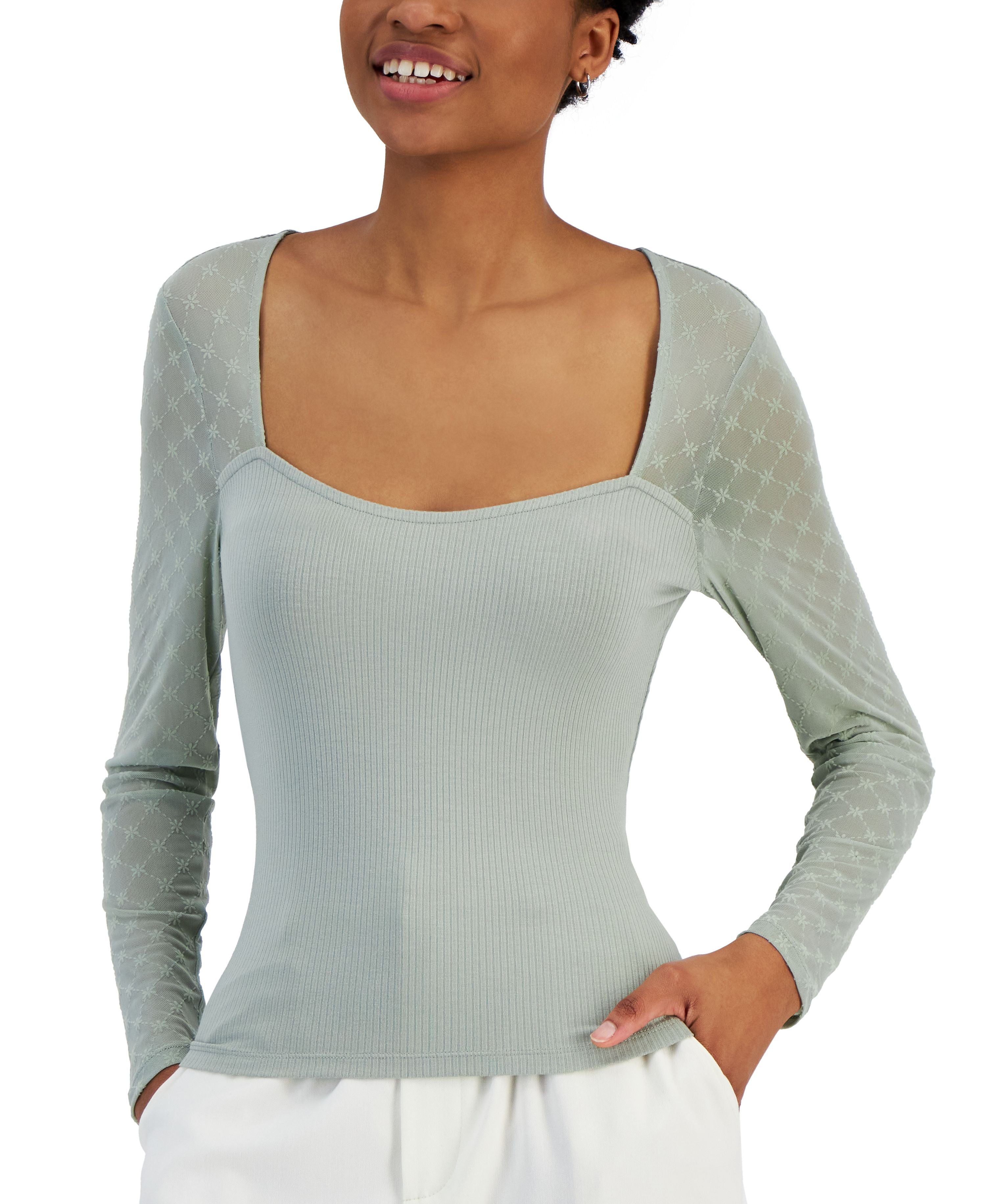 Juniors' Flocked Illusion Mesh-Sleeve Top