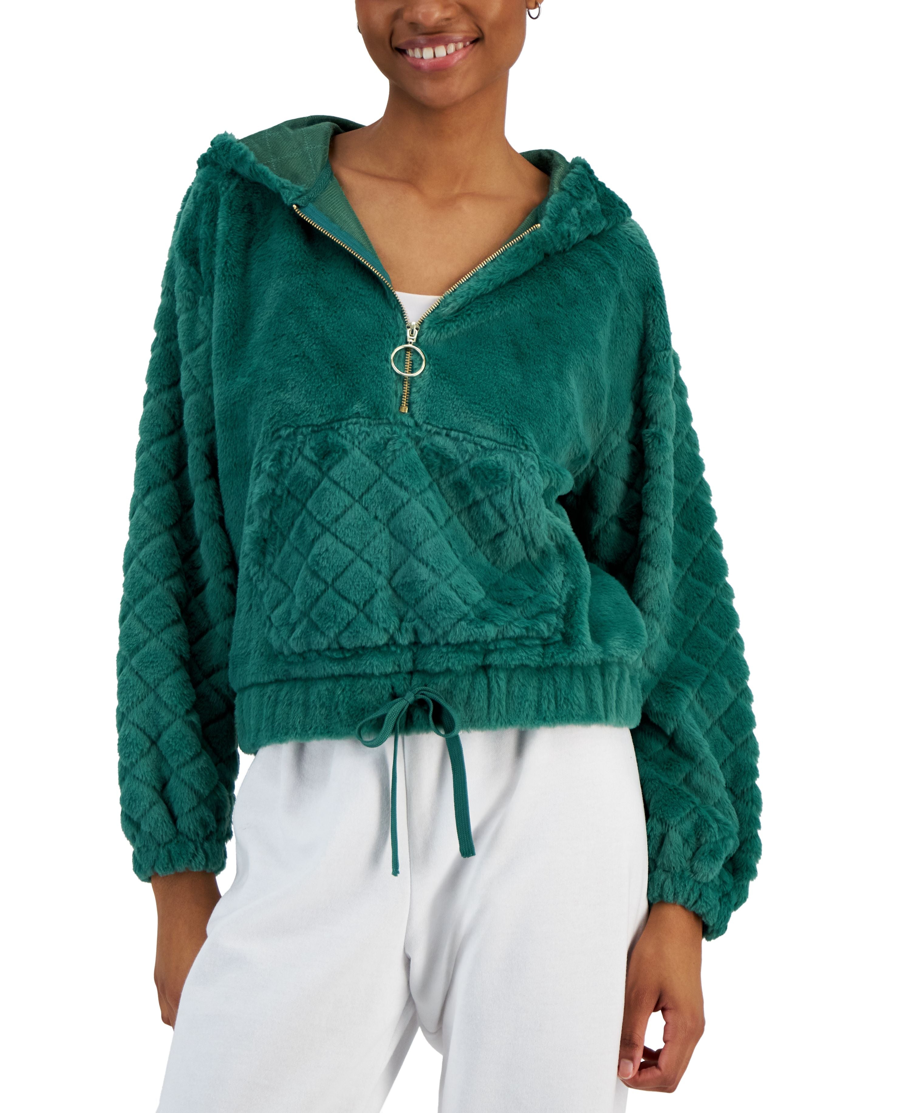 Juniors' Cozy Faux-Fur Quarter-Zip Long-Sleeve Hoodie