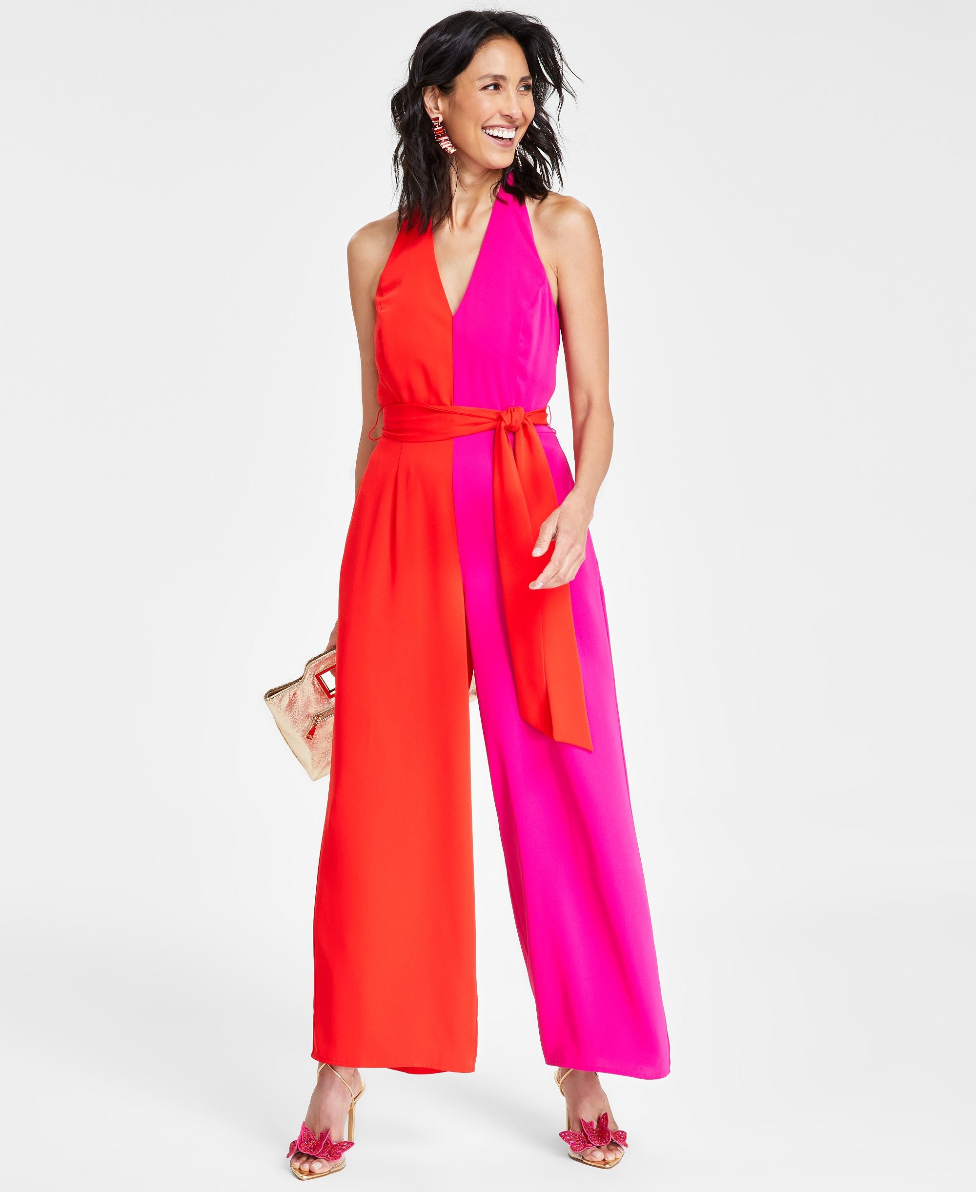 Petite Contrast Colorblocked Halter Jumpsuit