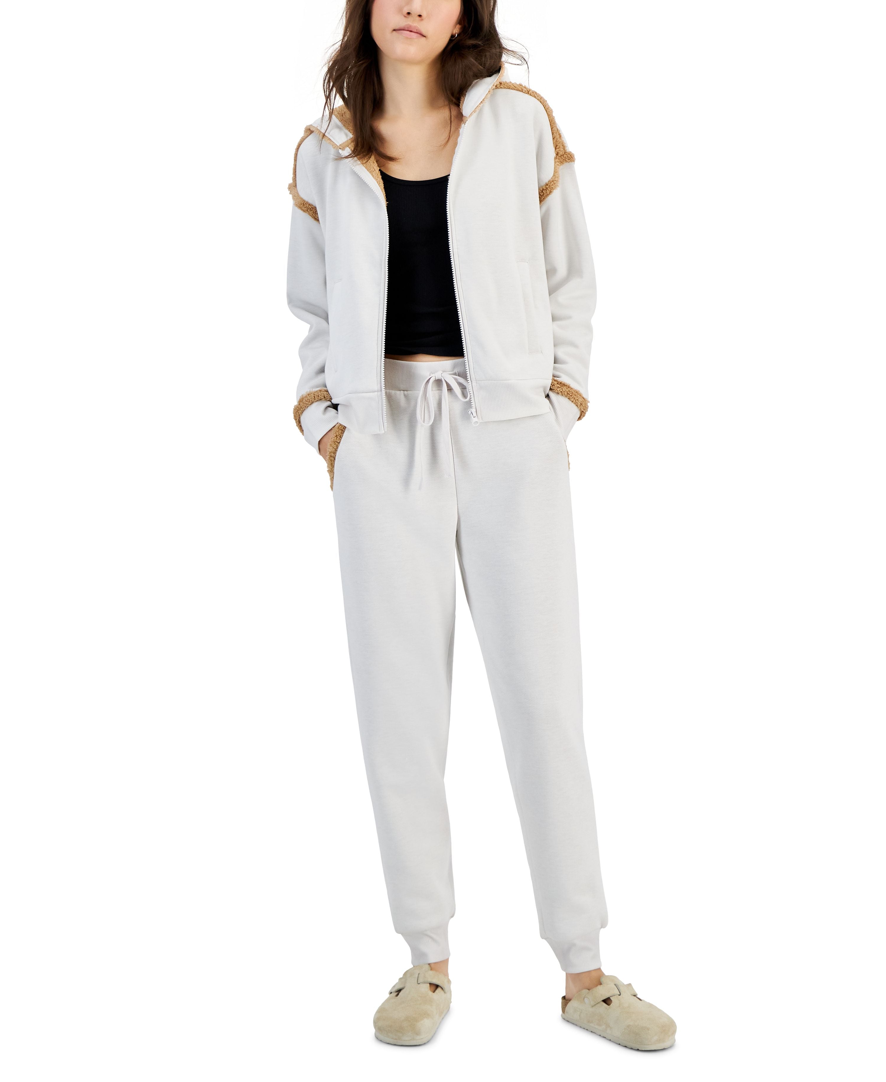 Juniors' Sherpa-Trim Long-Sleeve Fleece Hoodie & Sherpa-Trim Joggers