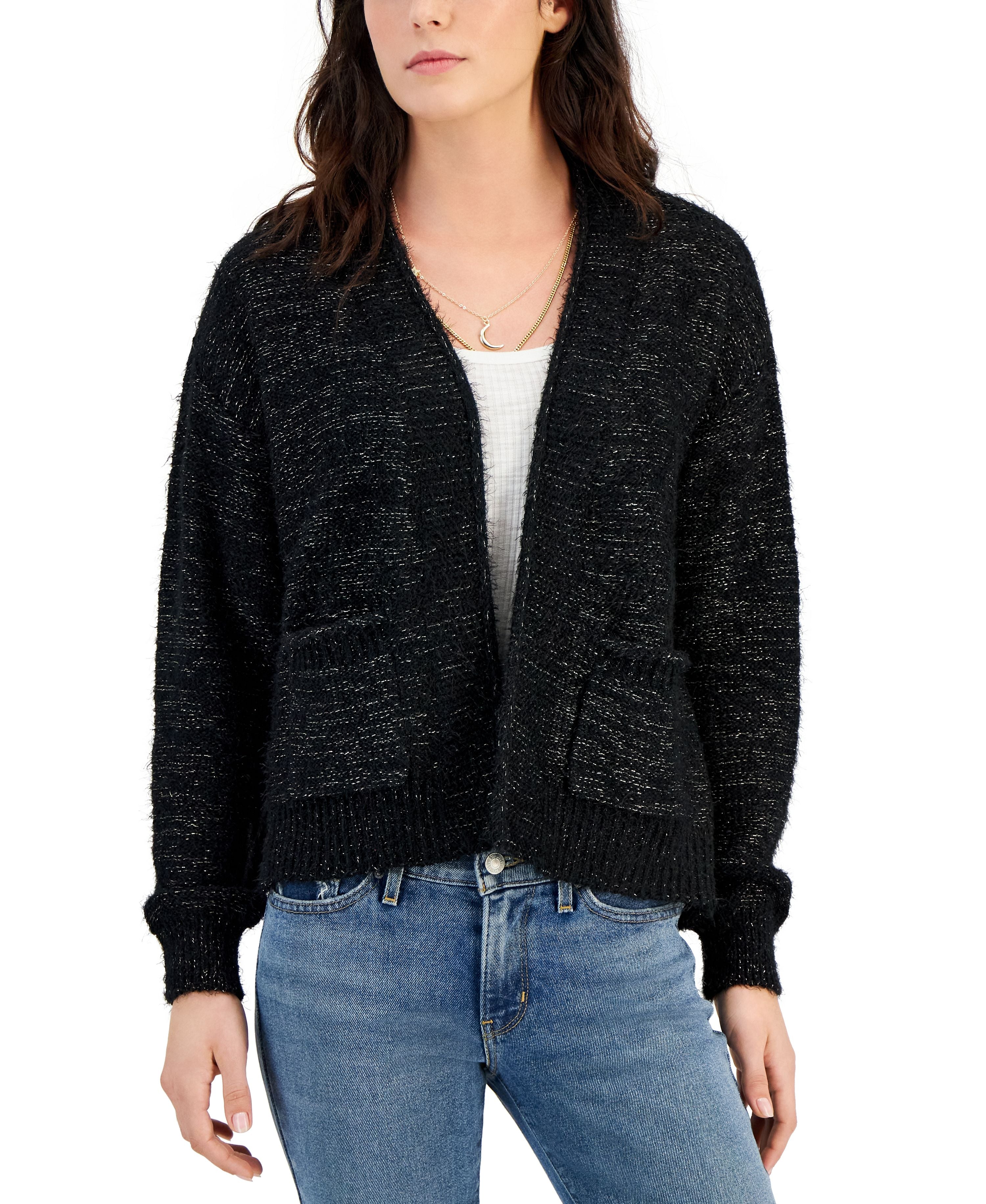 Juniors' Open-Front Lurex Eyelash-Knit Cardigan