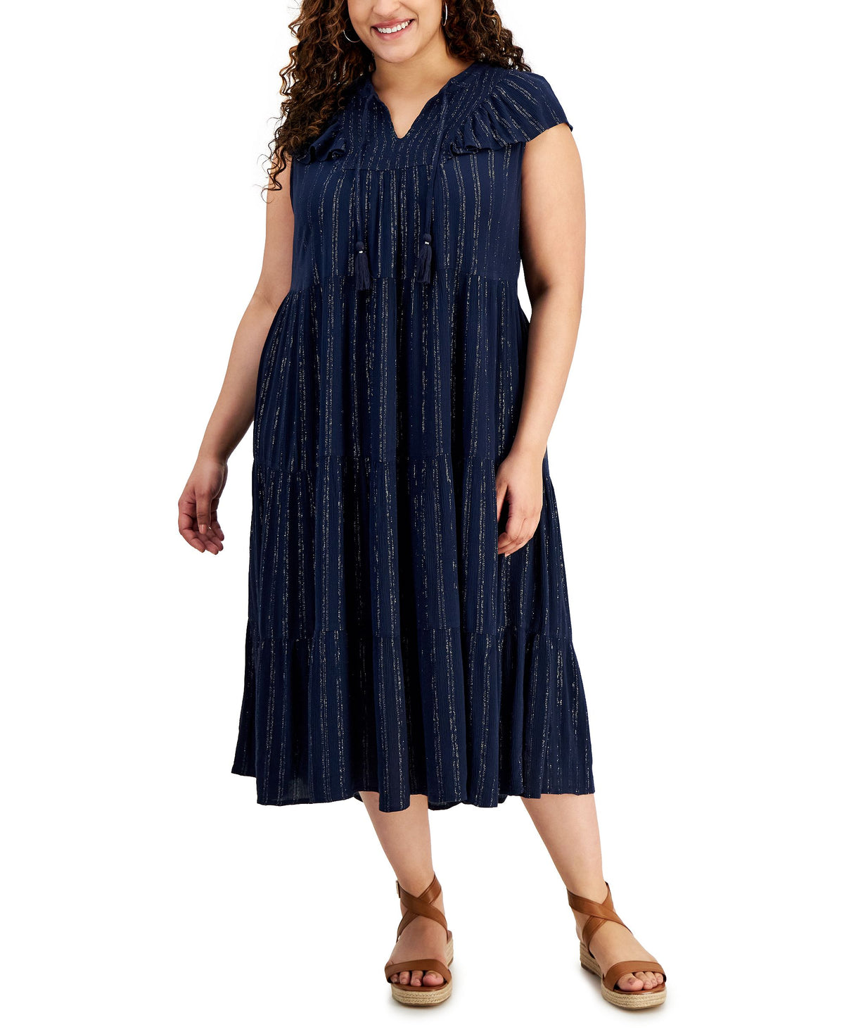 Stye & Co Plus Size V-Neck Short-Sleeve Ruffle Shine Dress