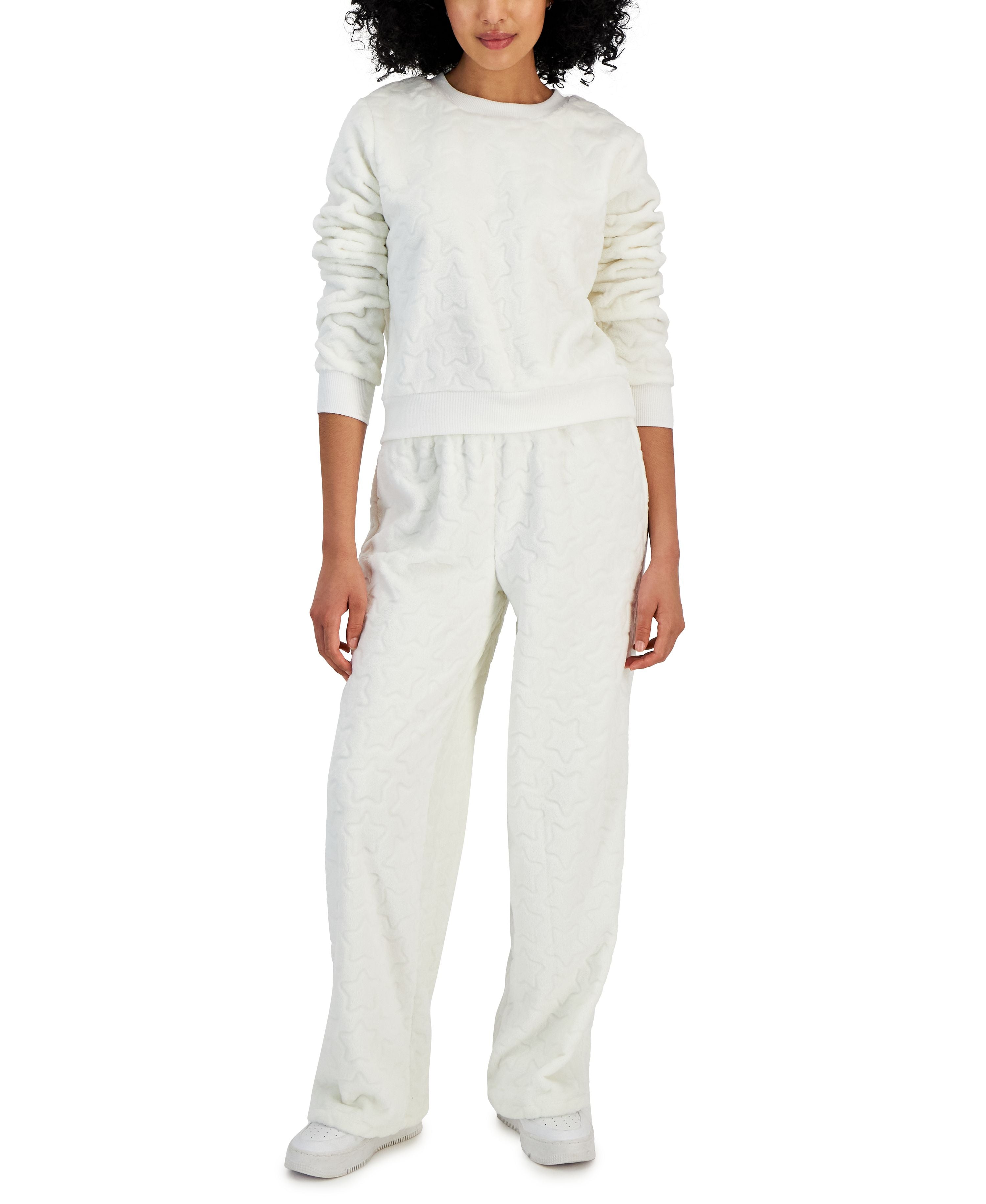 Juniors' Cozy Faux-Fur Embossed Crewneck Sweatshirt & Wide-Leg Pants