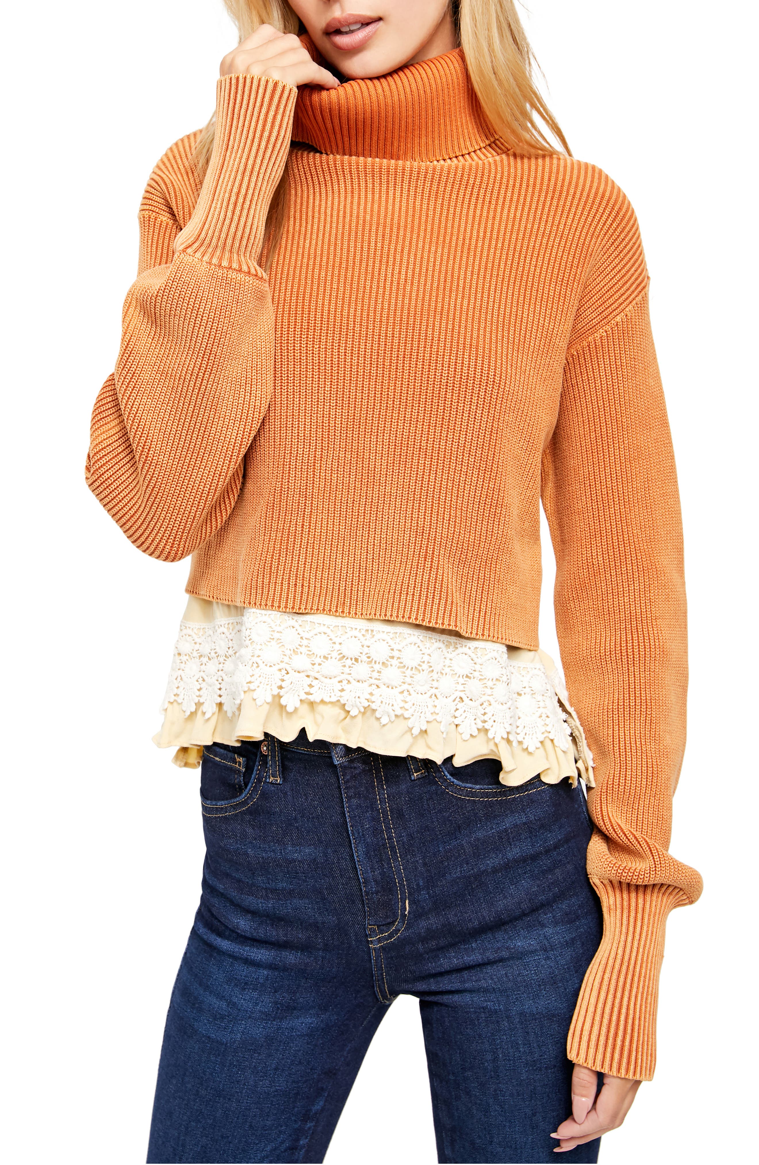 Free People at First Glance Crochet Hem Turtleneck Sweater (Medium Orange, M)