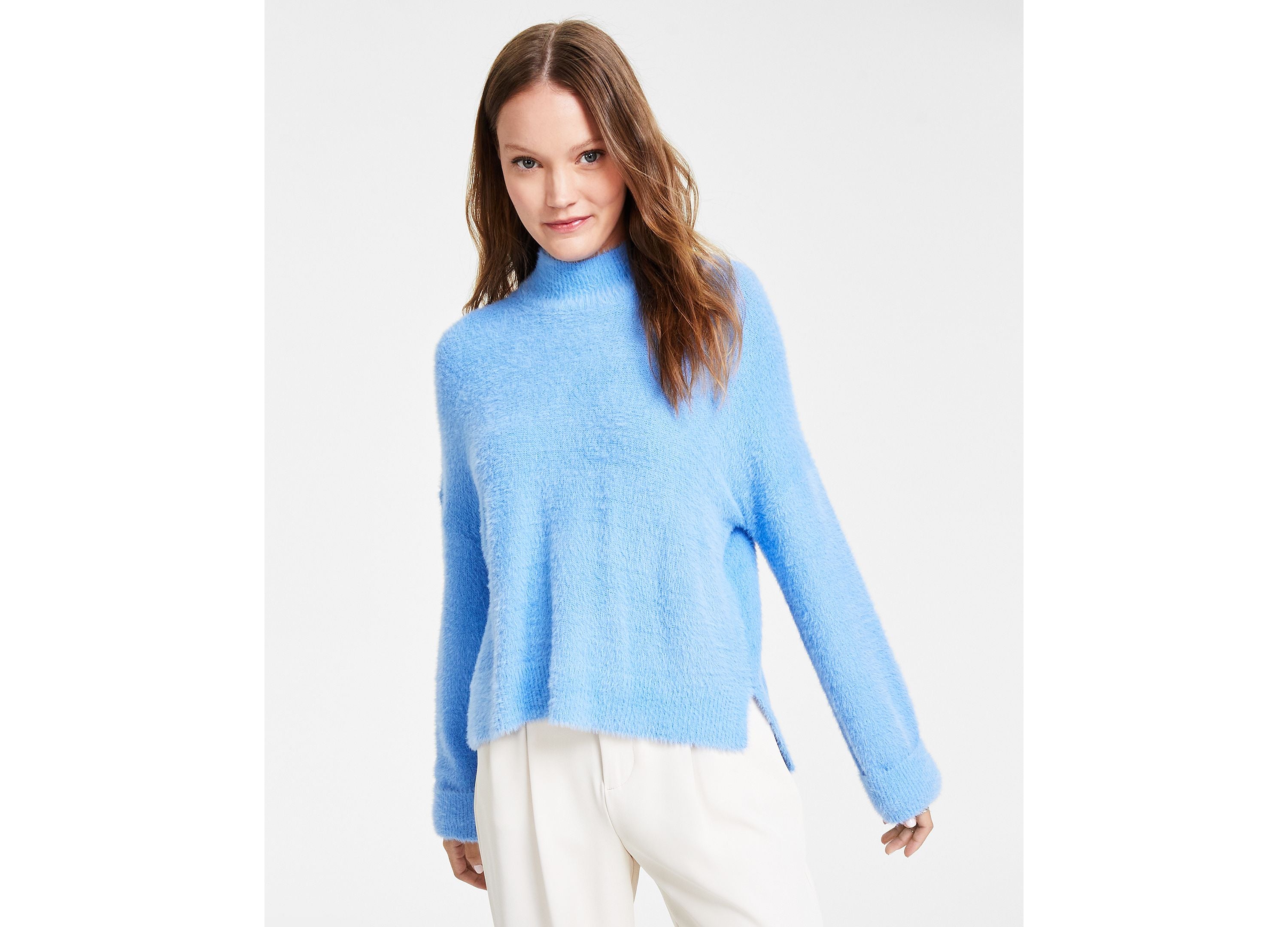 Juniors' Eyelash Mock-Neck Cuffed Sweater