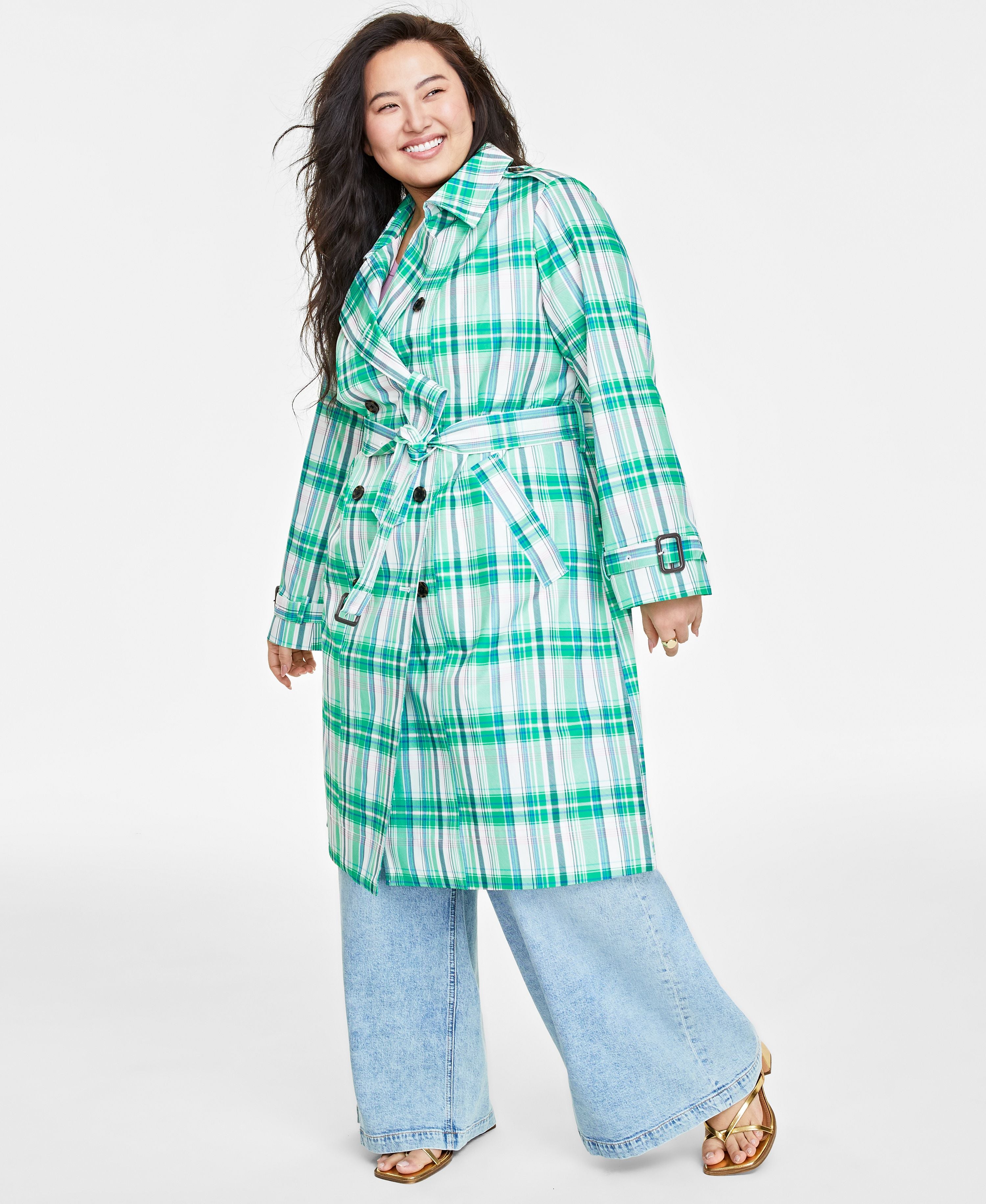 Plus Size Plaid Double-Breasted Trench Coat