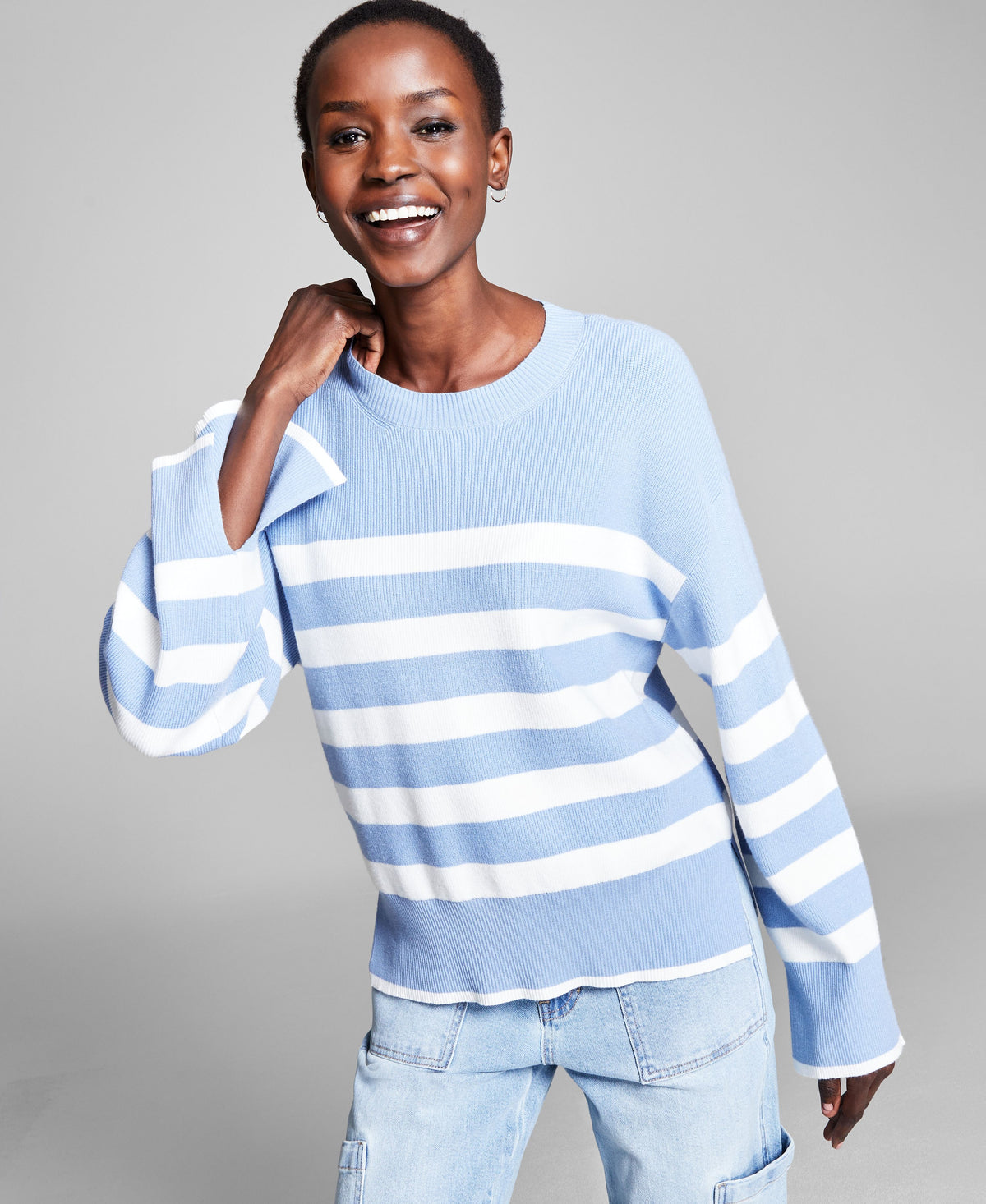 Women's Striped Crewneck Split-Cuff Sweater