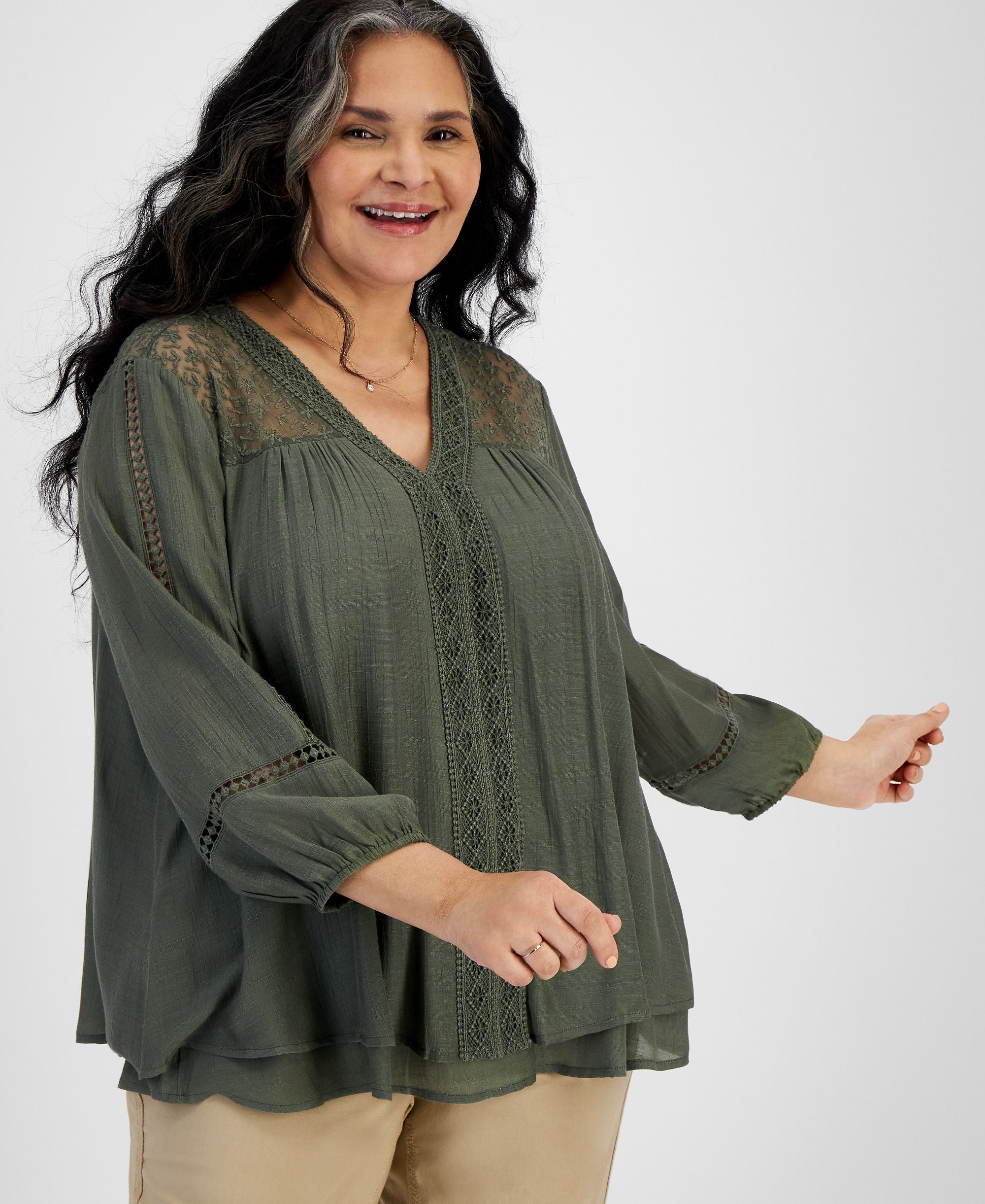 Plus Size Lace-Trim Long-Sleeve Top