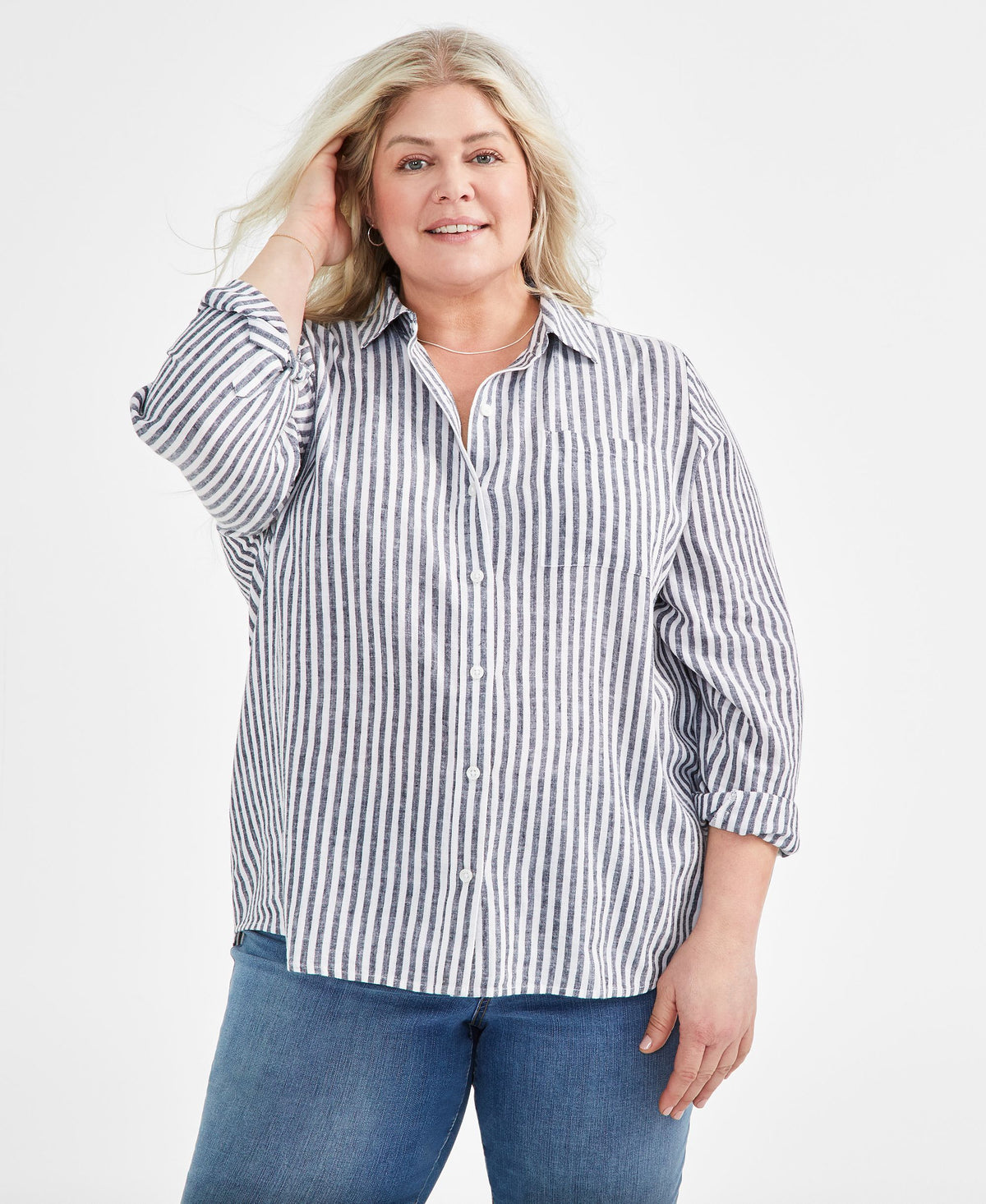 Plus Size Linen-Blend Striped Perfect Shirt