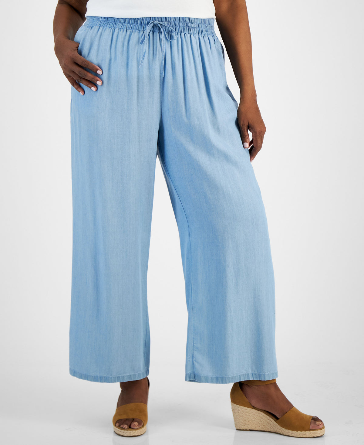Plus Size Chambray High Rise Wide Leg Pants