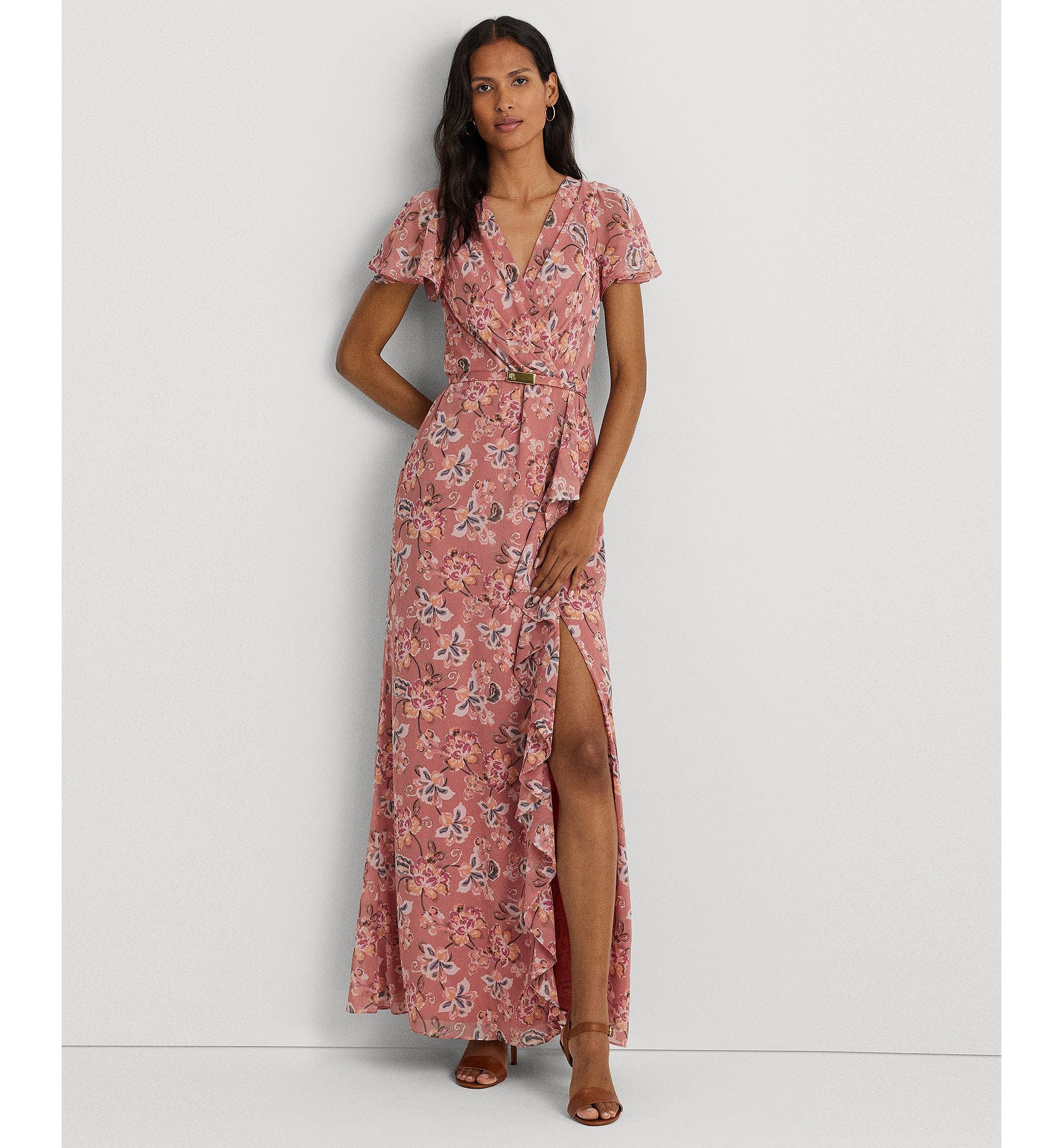 Women's Floral Flutter-Sleeve Gown