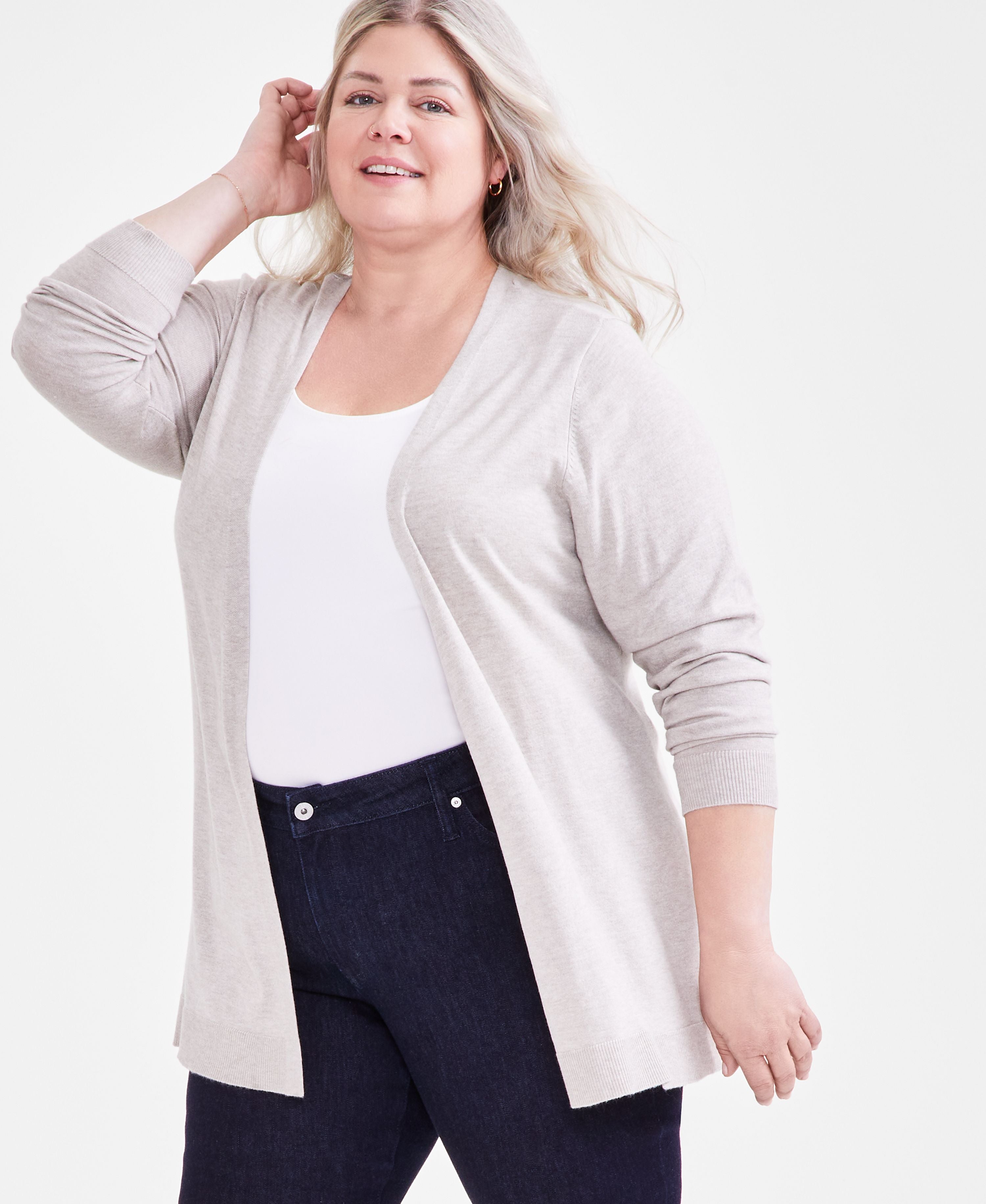 Plus Size Open-Front Long-Sleeve Cardigan